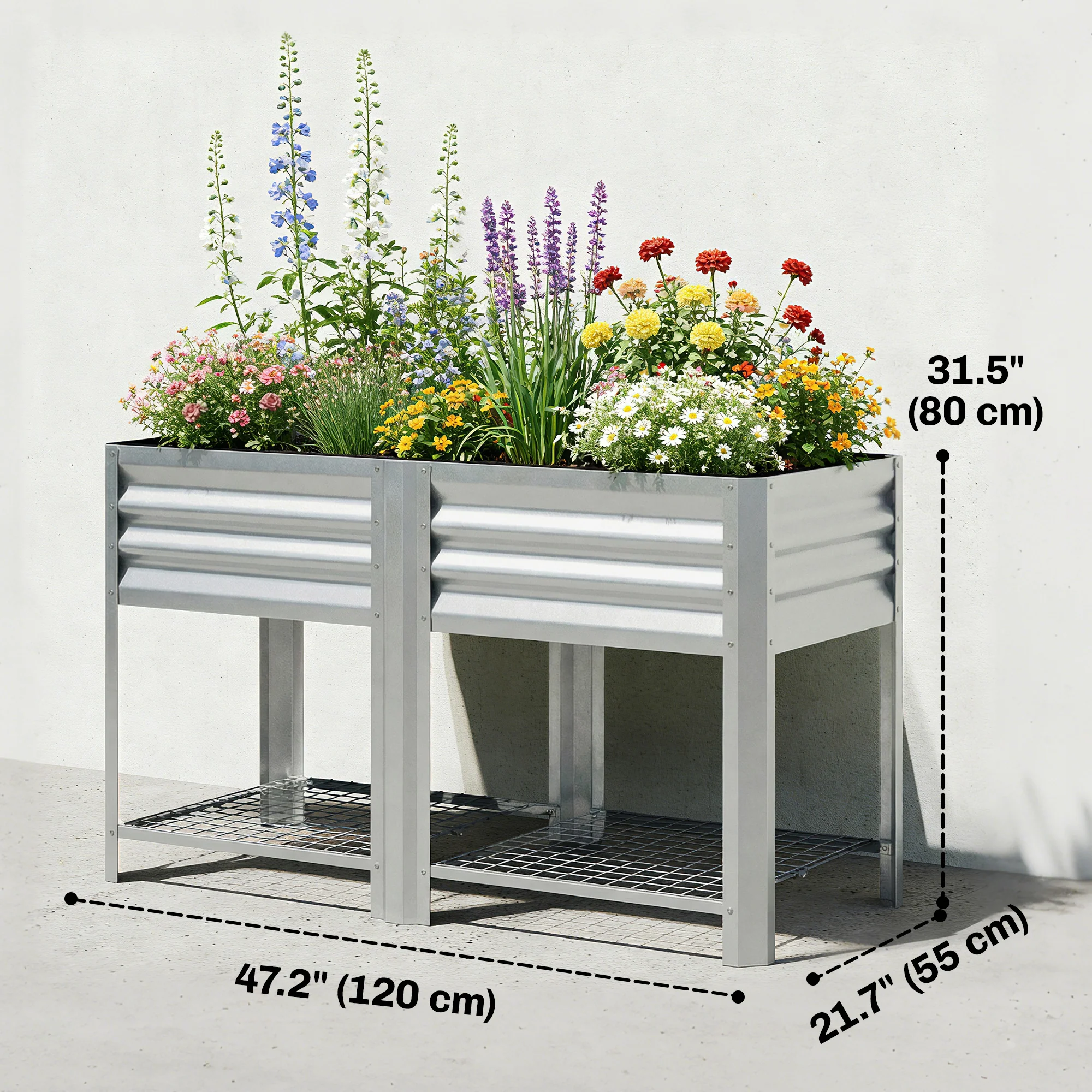 Galvanized Steel Raised Garden Bed with Legs and Storage Shelf, Silver - Image 5