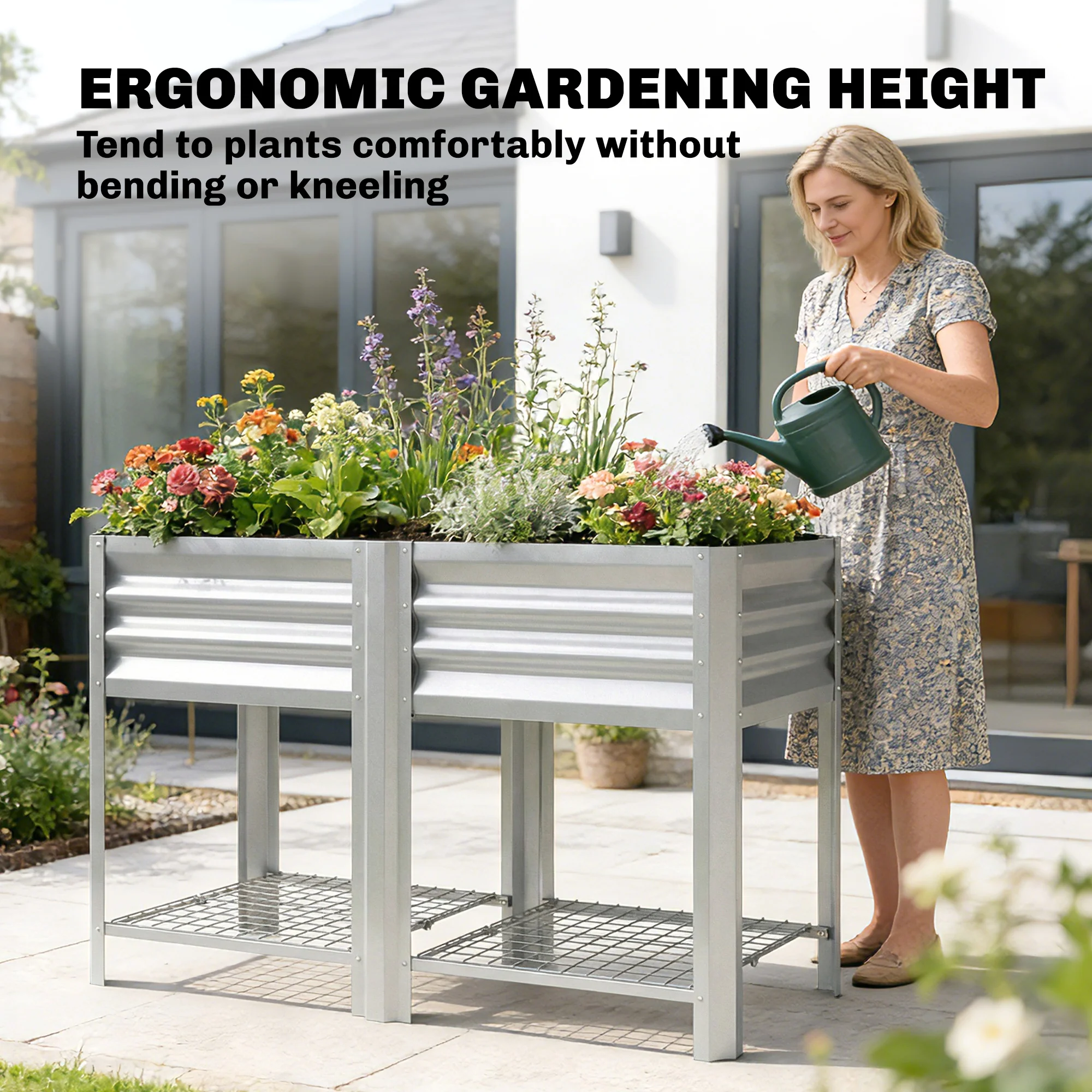 Galvanized Steel Raised Garden Bed with Legs and Storage Shelf, Silver - Image 8