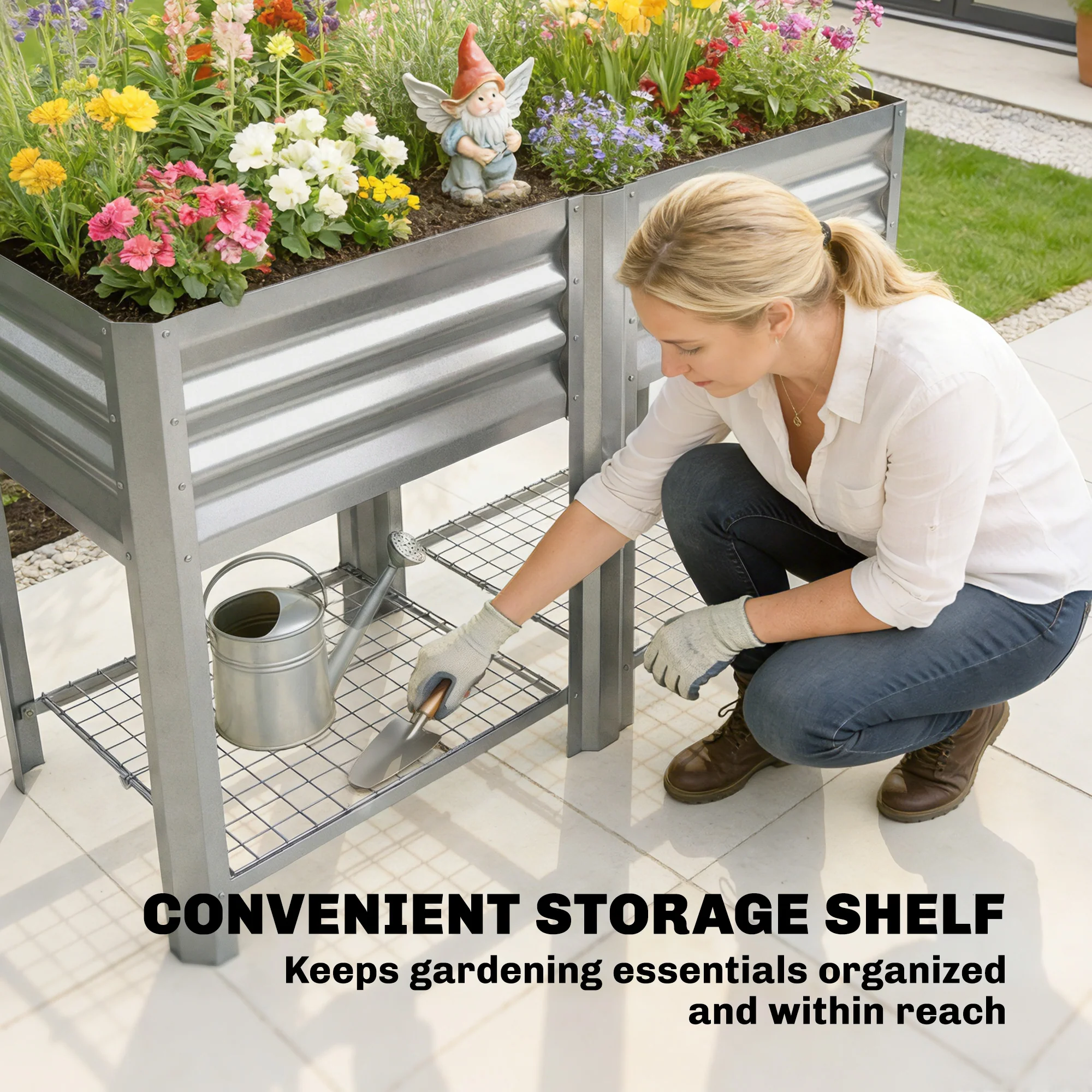 Galvanized Steel Raised Garden Bed with Legs and Storage Shelf, Silver - Image 9