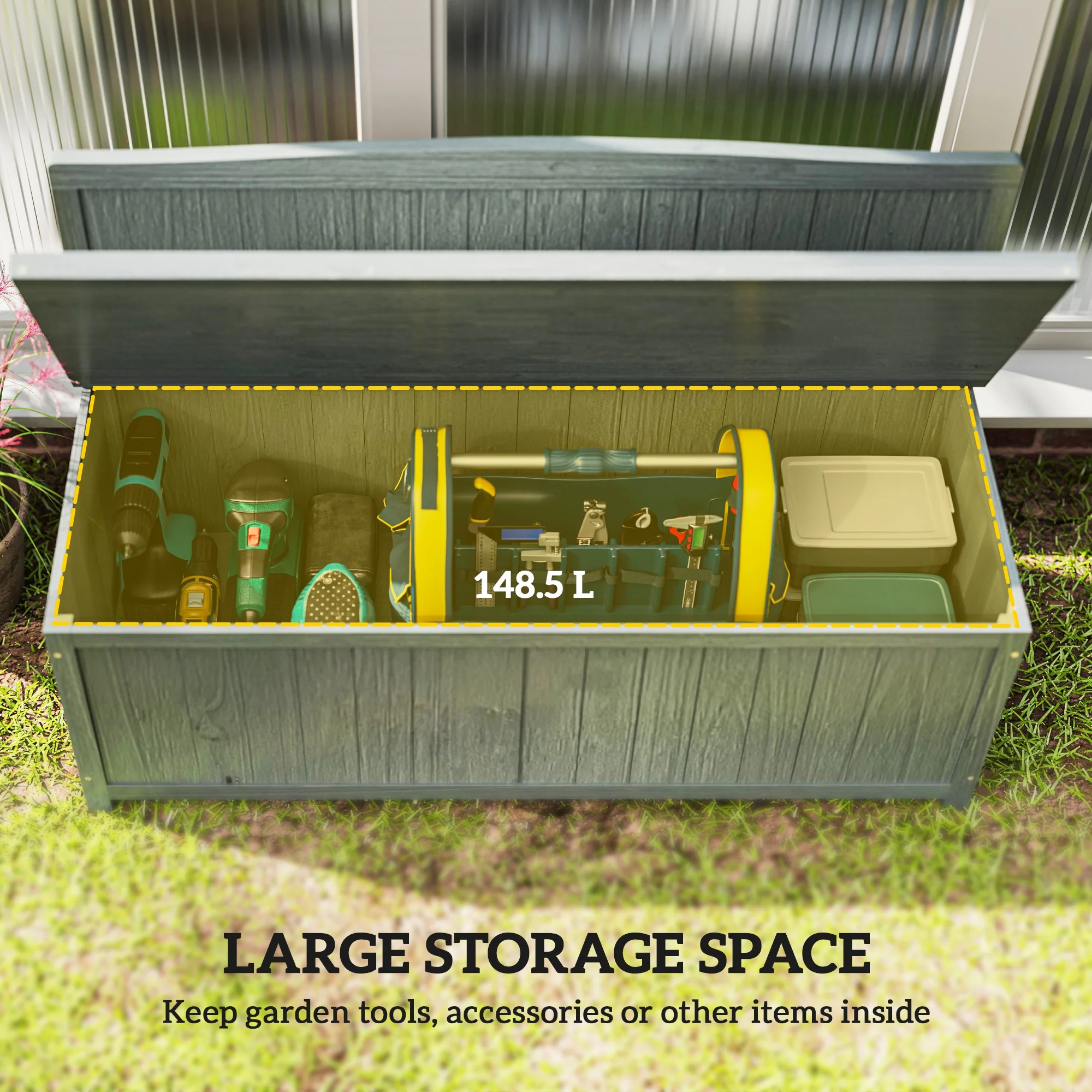 Garden Arch Wooden Bench with Storage Box & Backrest, 115L x 45W x 75Hcm, Grey - Image 6