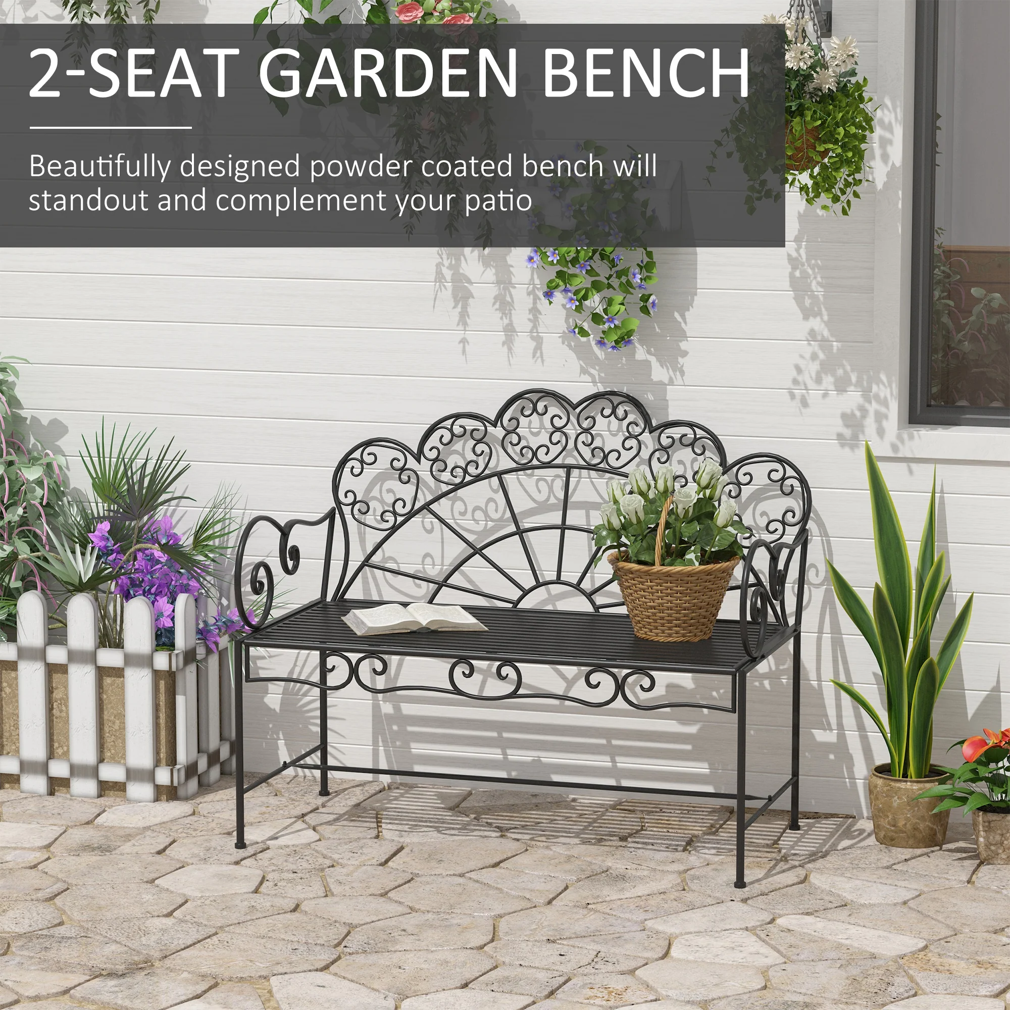 2 Seater Metal Garden Bench, 107 x 55.5 x 92 cm, Black - Image 6