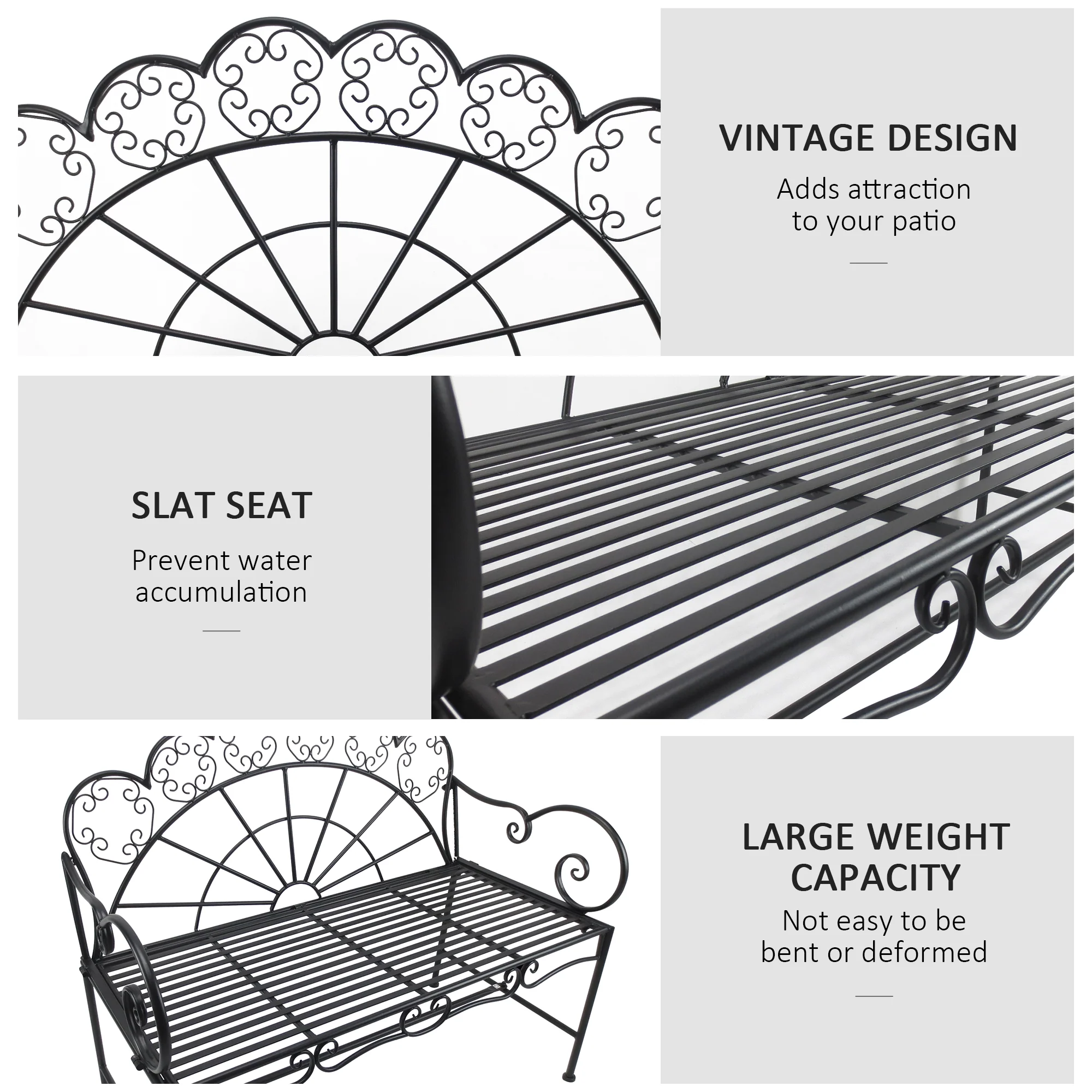 2 Seater Metal Garden Bench, 107 x 55.5 x 92 cm, Black - Image 7