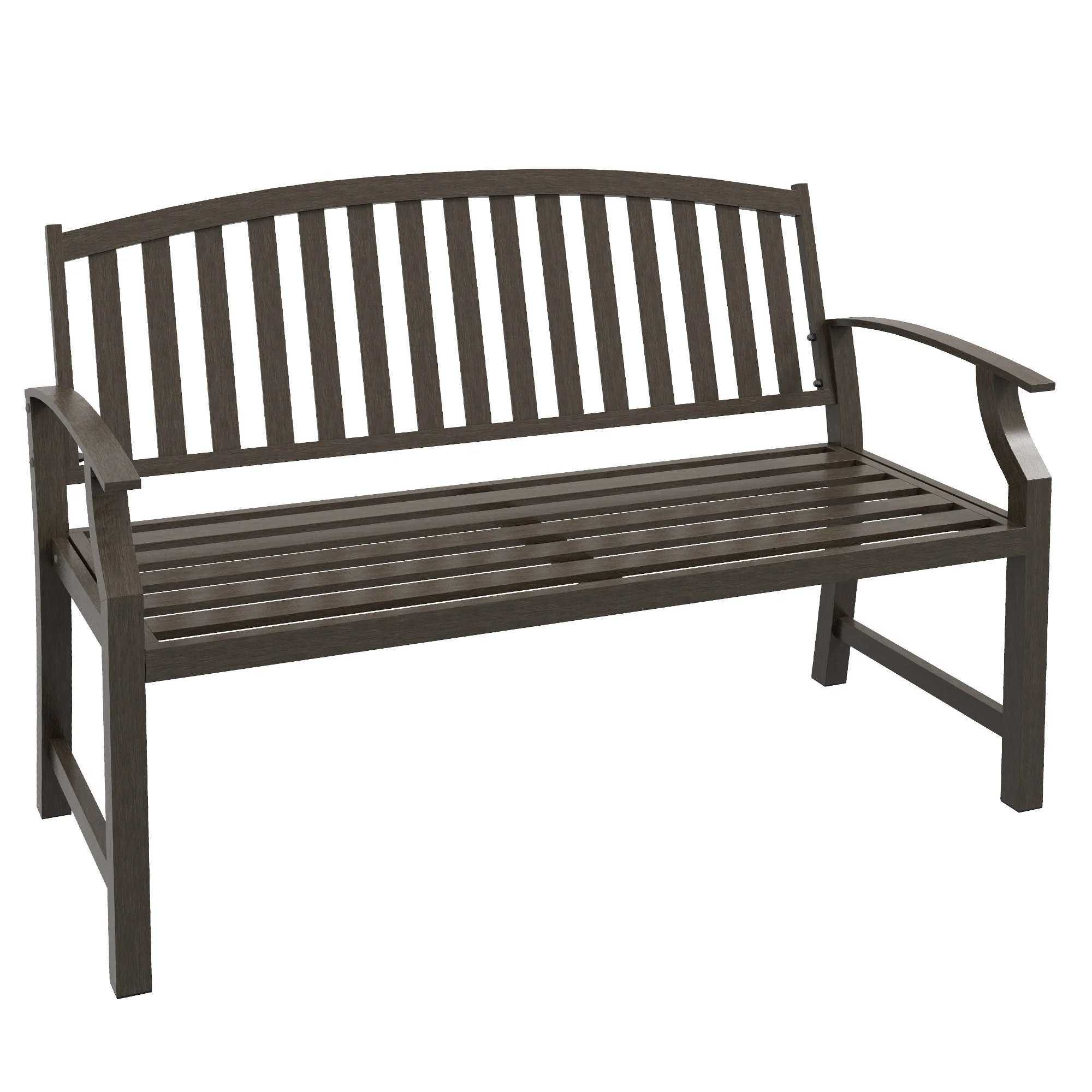 Metal Garden Bench with Slatted Seat, Backrest and Curved Armrests, Brown