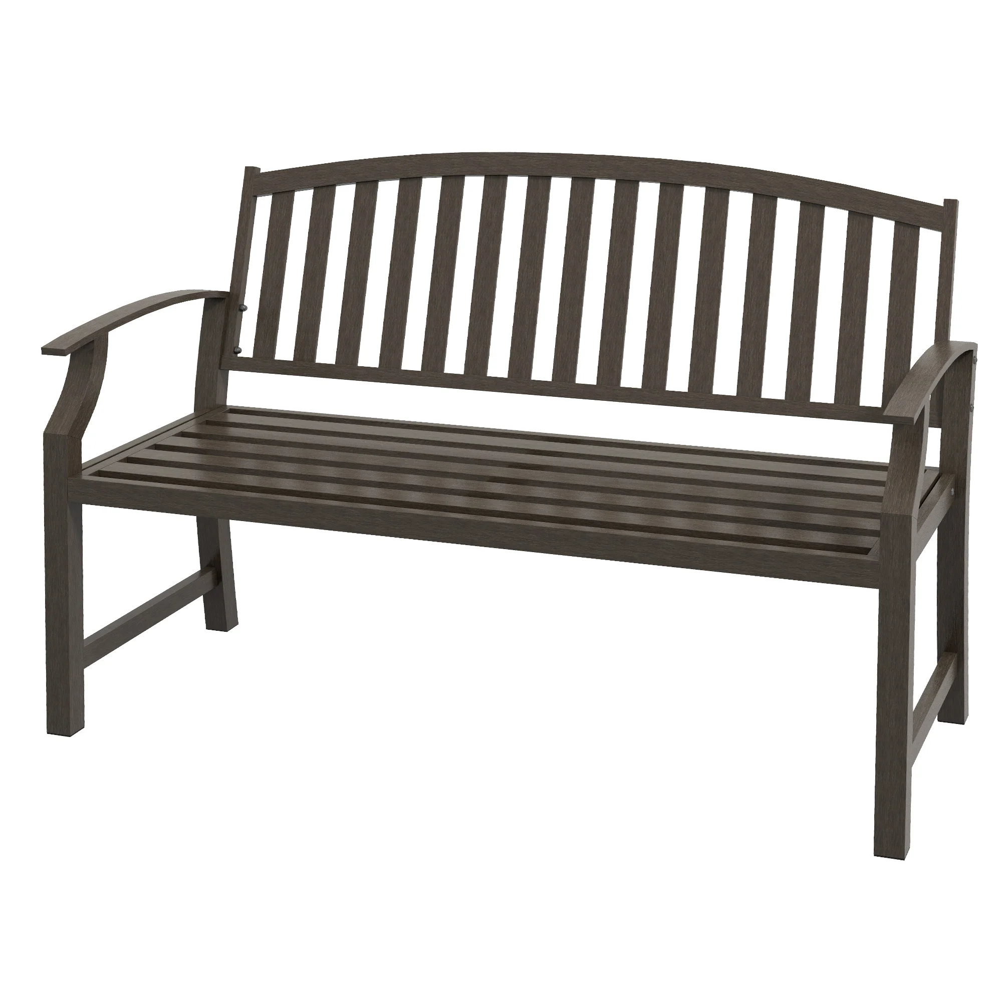 Metal Garden Bench with Slatted Seat, Backrest and Curved Armrests, Brown - Image 2
