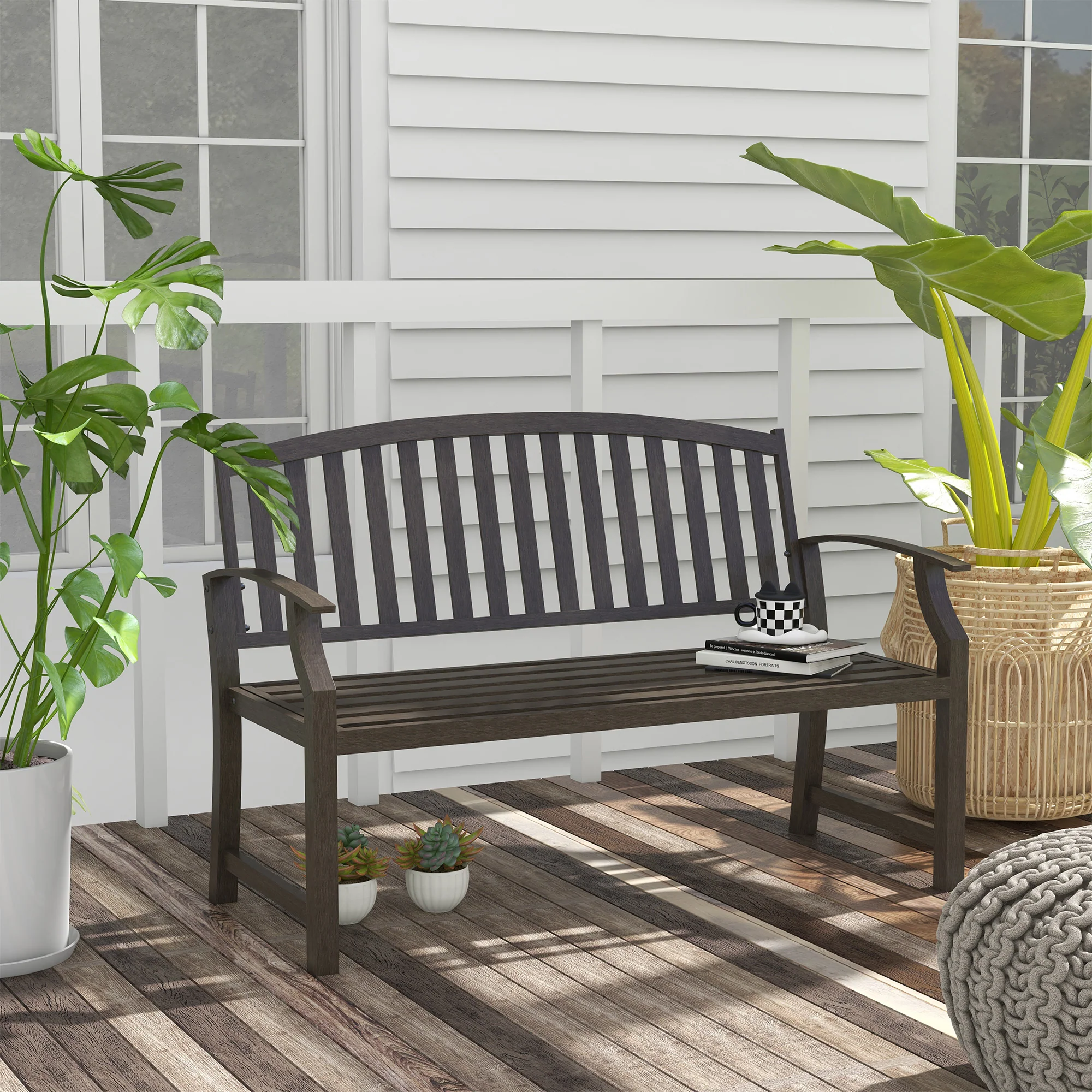 Metal Garden Bench with Slatted Seat, Backrest and Curved Armrests, Brown - Image 3