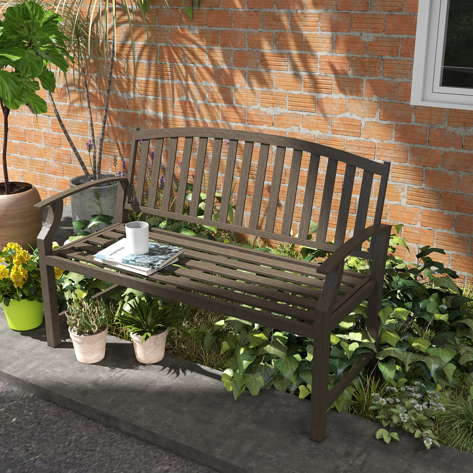 Metal Garden Bench with Slatted Seat, Backrest and Curved Armrests, Brown - Image 4
