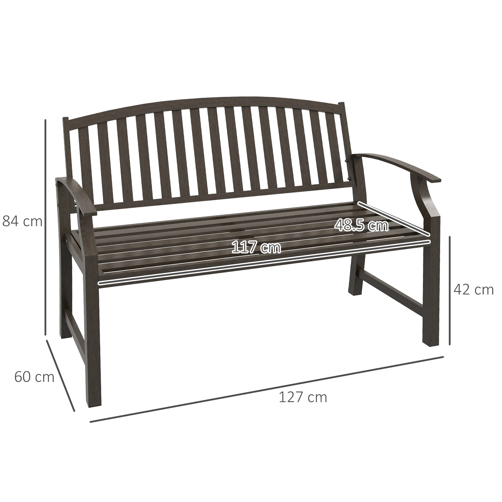 Metal Garden Bench with Slatted Seat, Backrest and Curved Armrests, Brown - Image 5