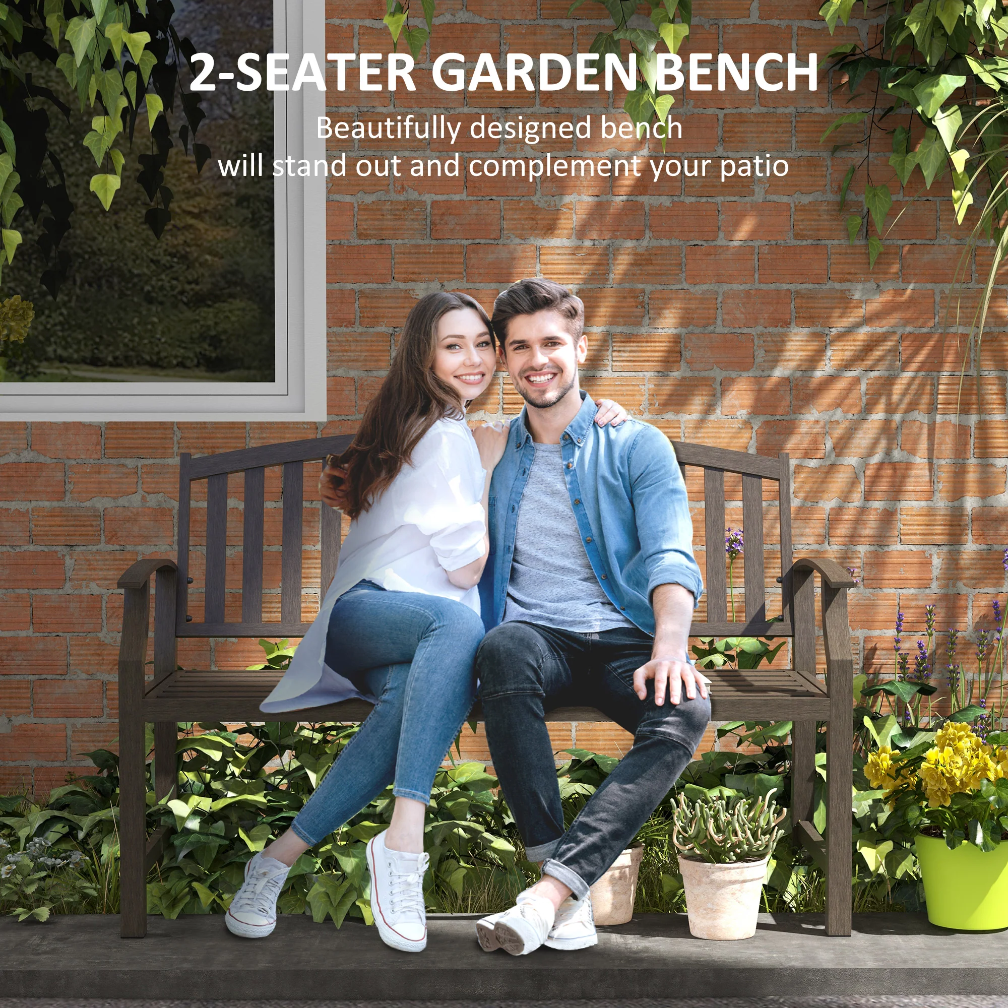 Metal Garden Bench with Slatted Seat, Backrest and Curved Armrests, Brown - Image 6
