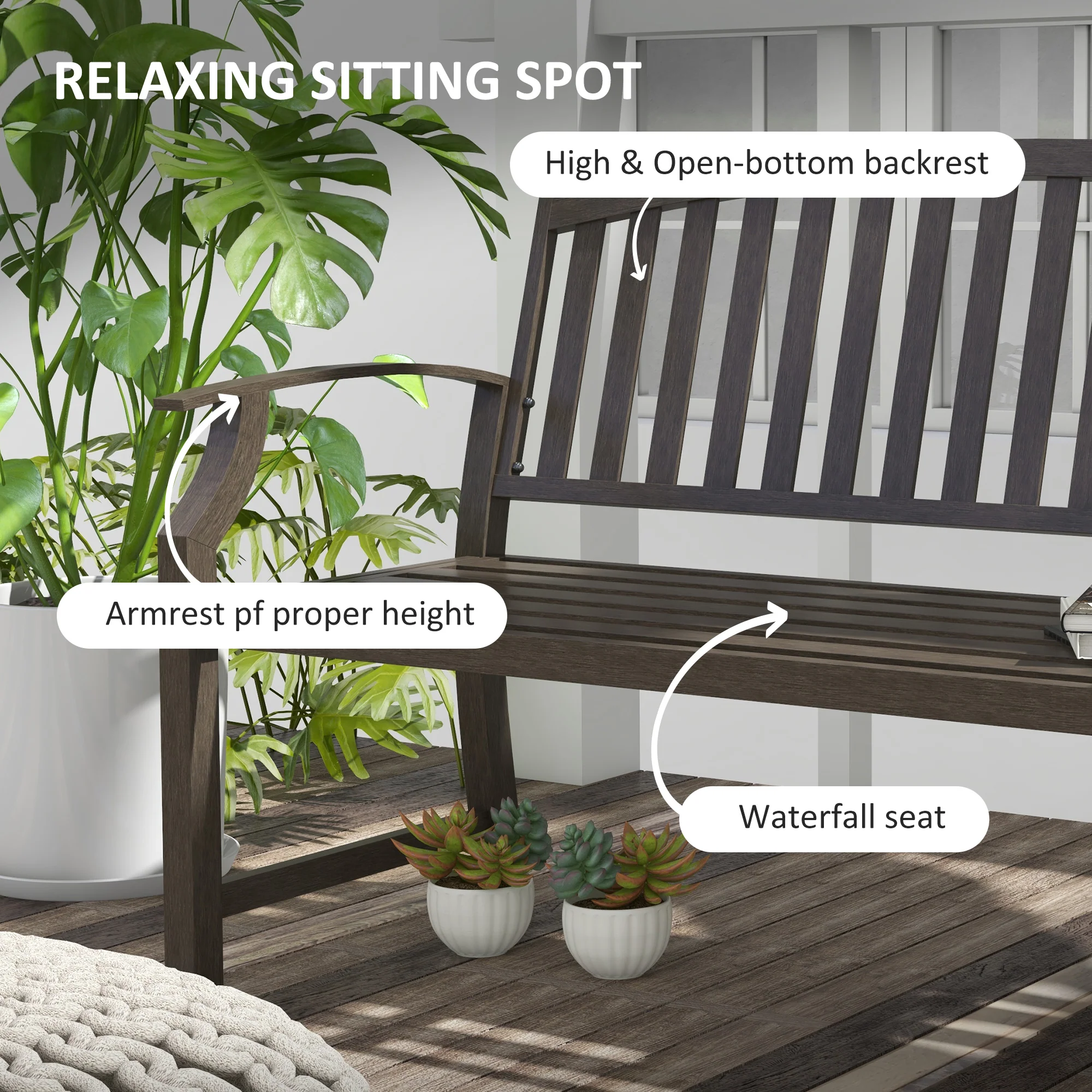 Metal Garden Bench with Slatted Seat, Backrest and Curved Armrests, Brown - Image 7