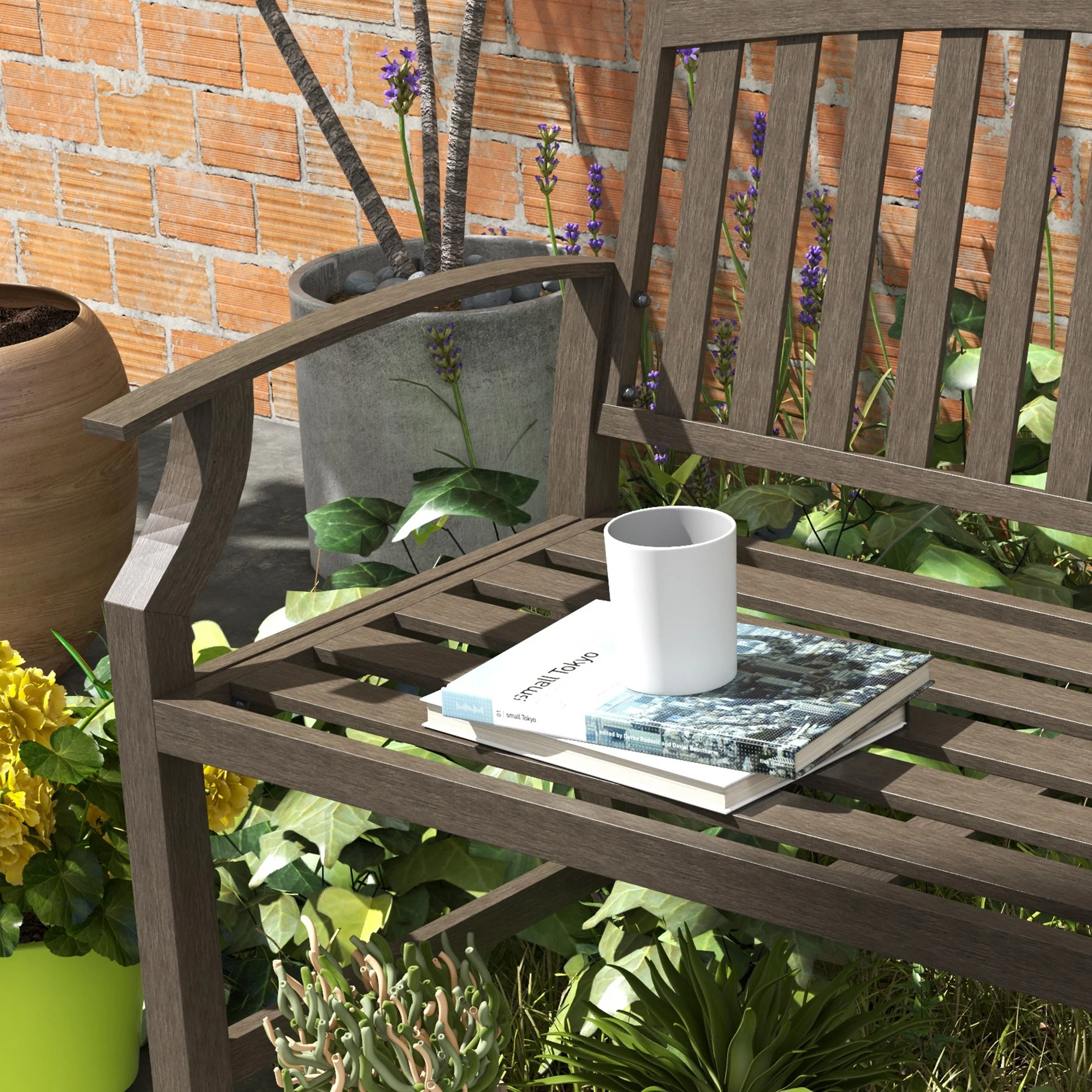 Metal Garden Bench with Slatted Seat, Backrest and Curved Armrests, Brown - Image 9