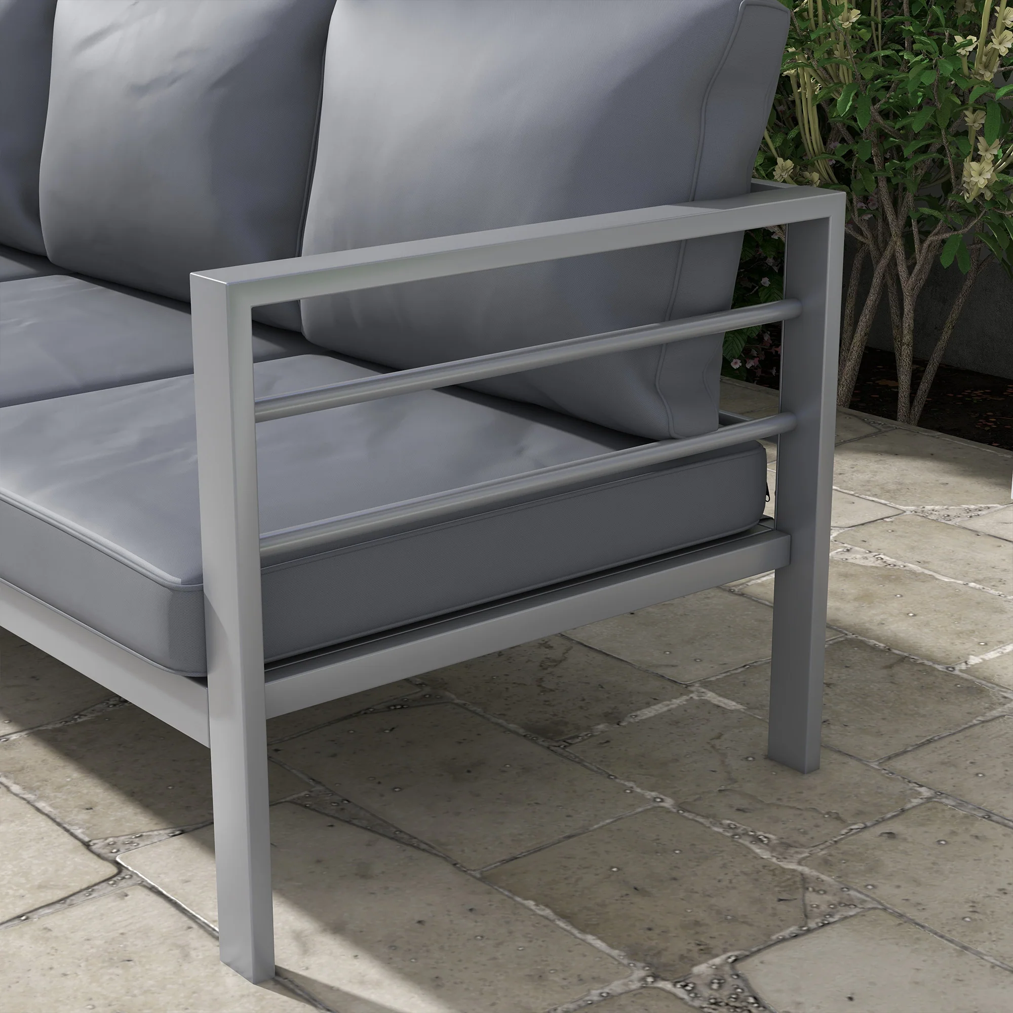 Aluminium Frame 3-Seater Garden Bench with Armrest & Cushions, 185 x 66 x64cm, Grey - Image 11