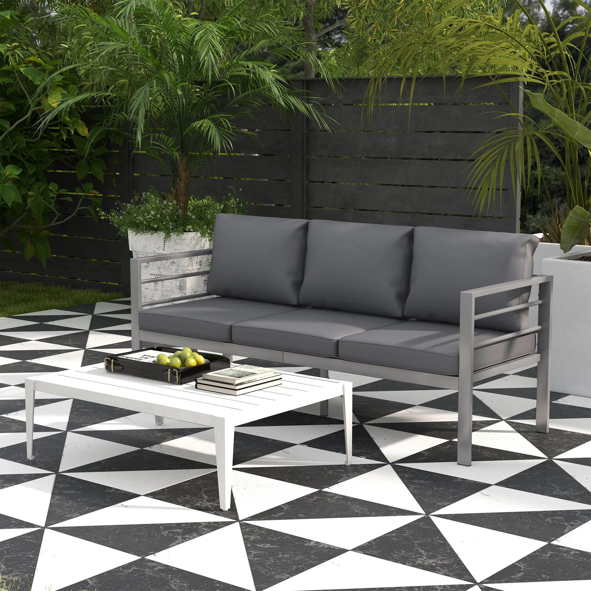 Aluminium Frame 3-Seater Garden Bench with Armrest & Cushions, 185 x 66 x64cm, Grey - Image 3