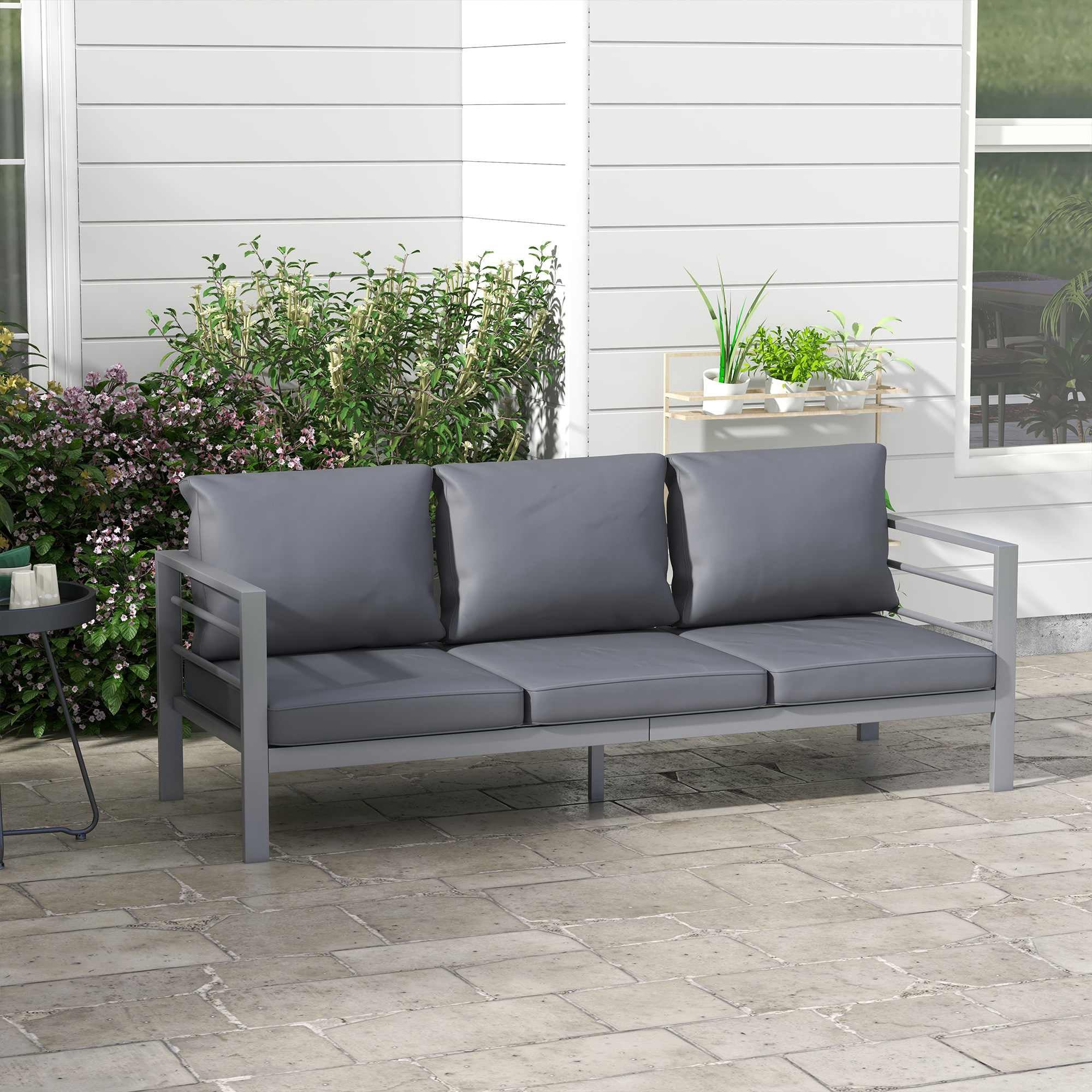 Aluminium Frame 3-Seater Garden Bench with Armrest & Cushions, 185 x 66 x64cm, Grey - Image 4