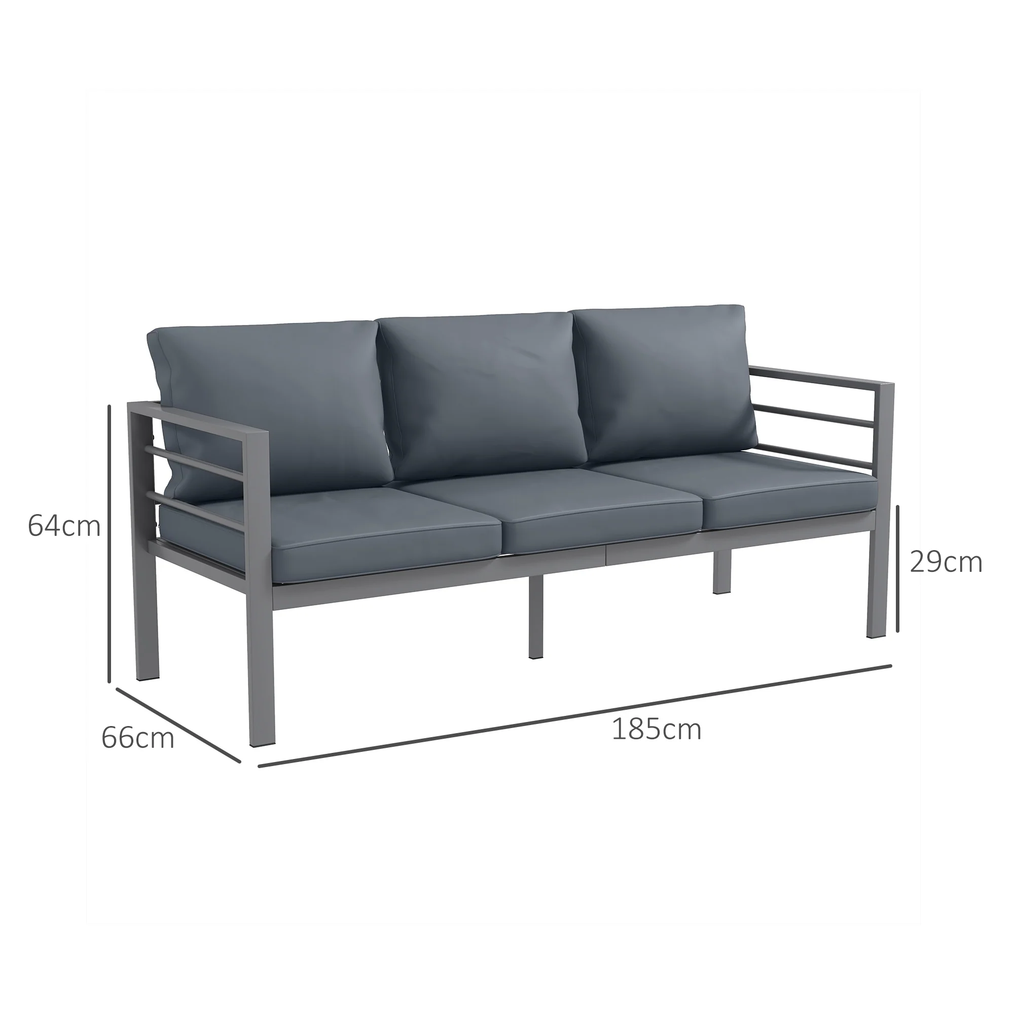 Aluminium Frame 3-Seater Garden Bench with Armrest & Cushions, 185 x 66 x64cm, Grey - Image 5