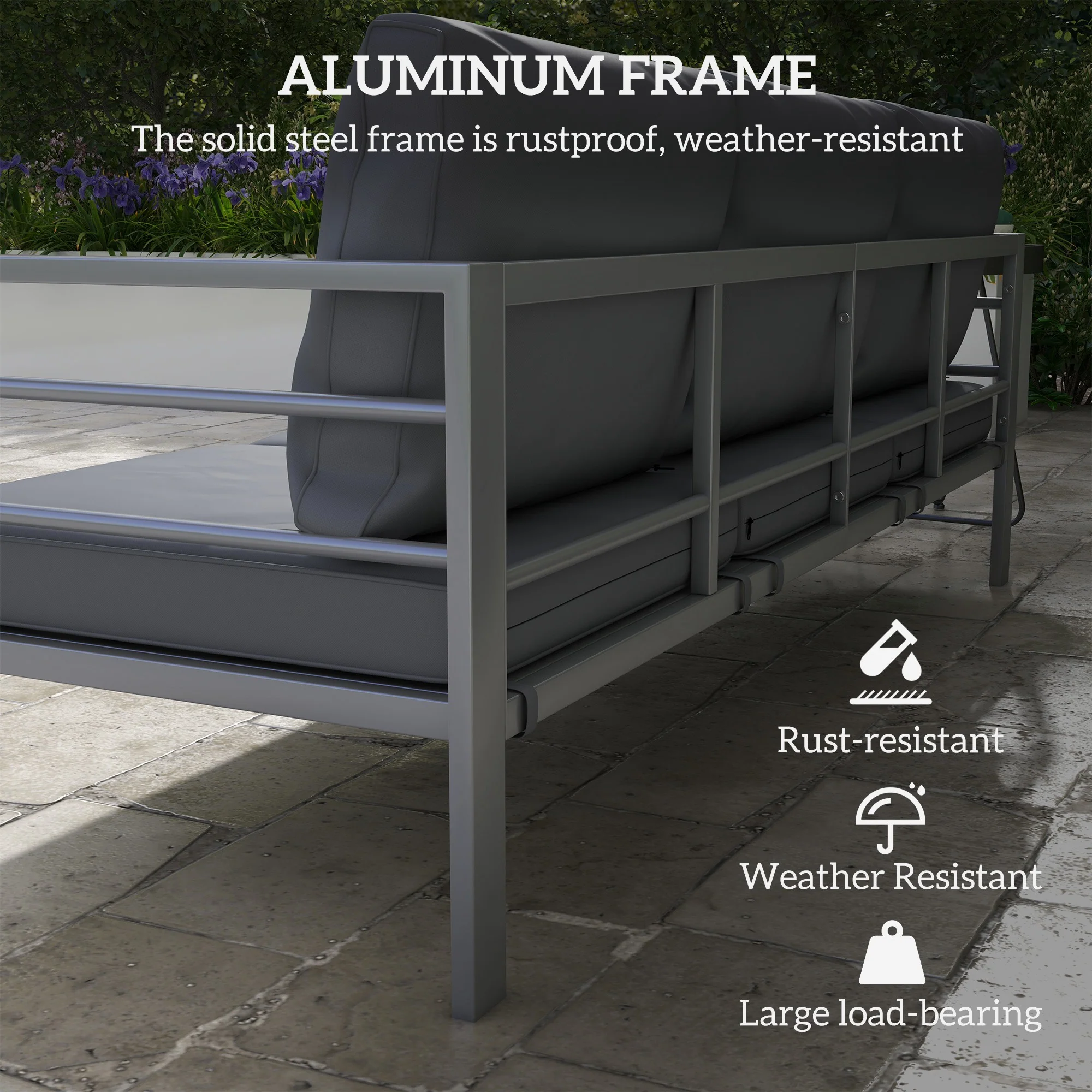 Aluminium Frame 3-Seater Garden Bench with Armrest & Cushions, 185 x 66 x64cm, Grey - Image 6