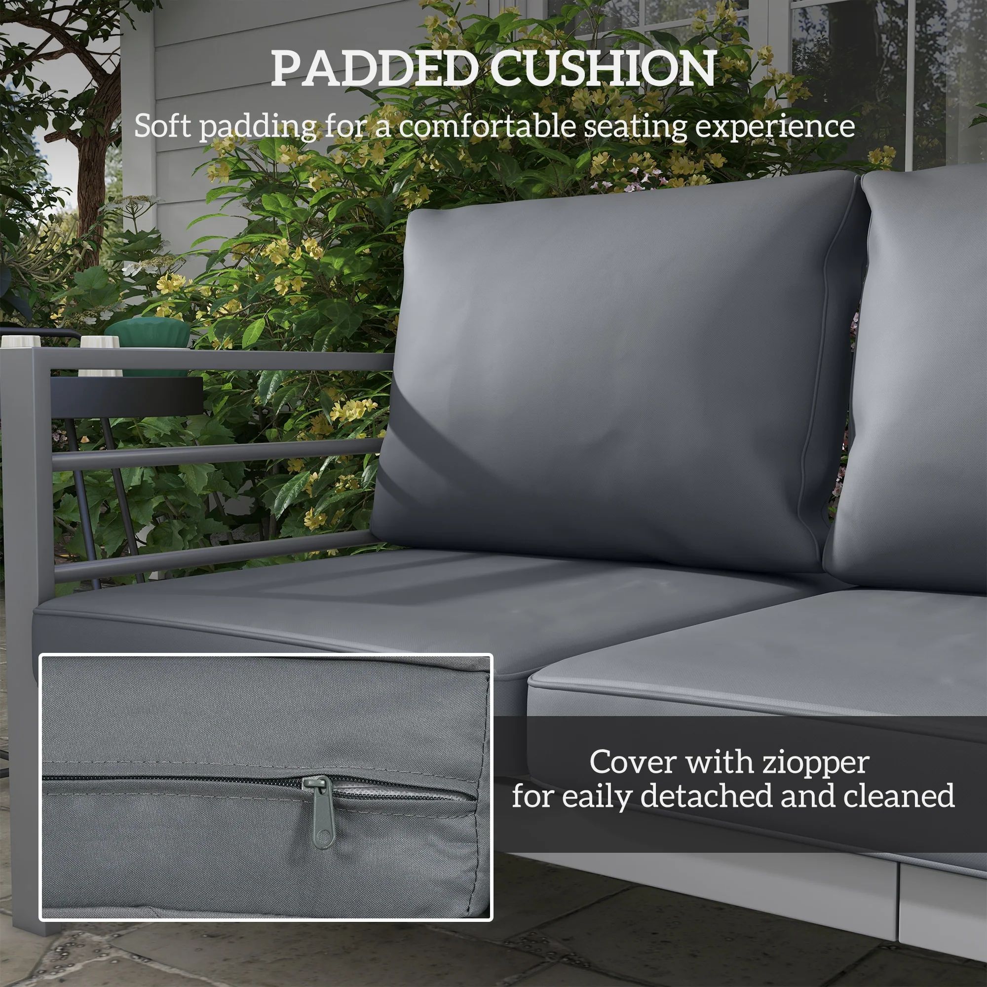Aluminium Frame 3-Seater Garden Bench with Armrest & Cushions, 185 x 66 x64cm, Grey - Image 7