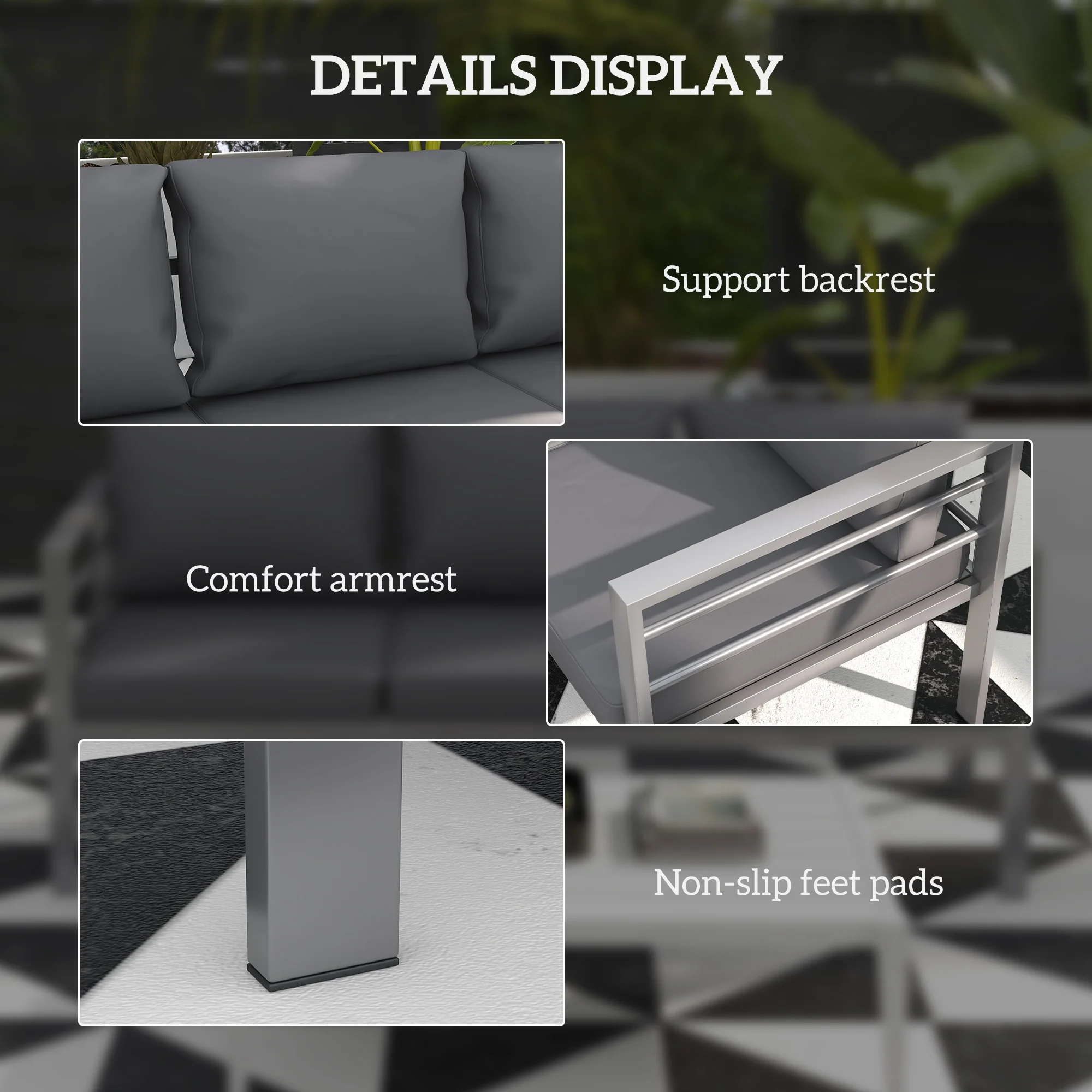 Aluminium Frame 3-Seater Garden Bench with Armrest & Cushions, 185 x 66 x64cm, Grey - Image 8