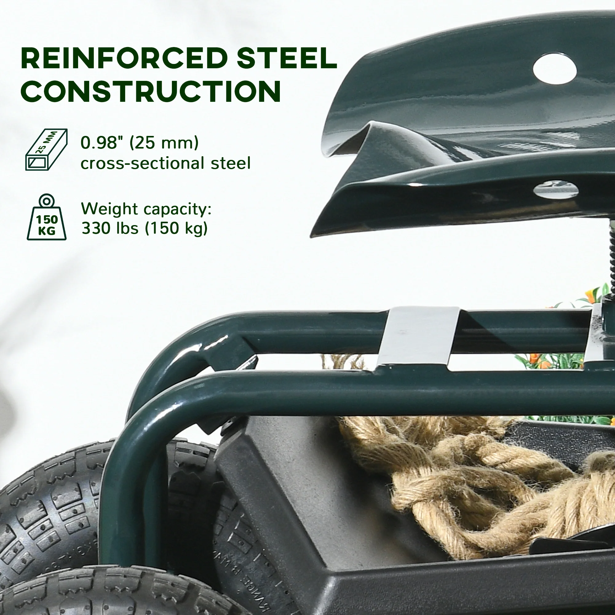 Garden Cart with Seat on Wheels, Tool Tray, 360° Swivel, Height Adjustable - Image 9