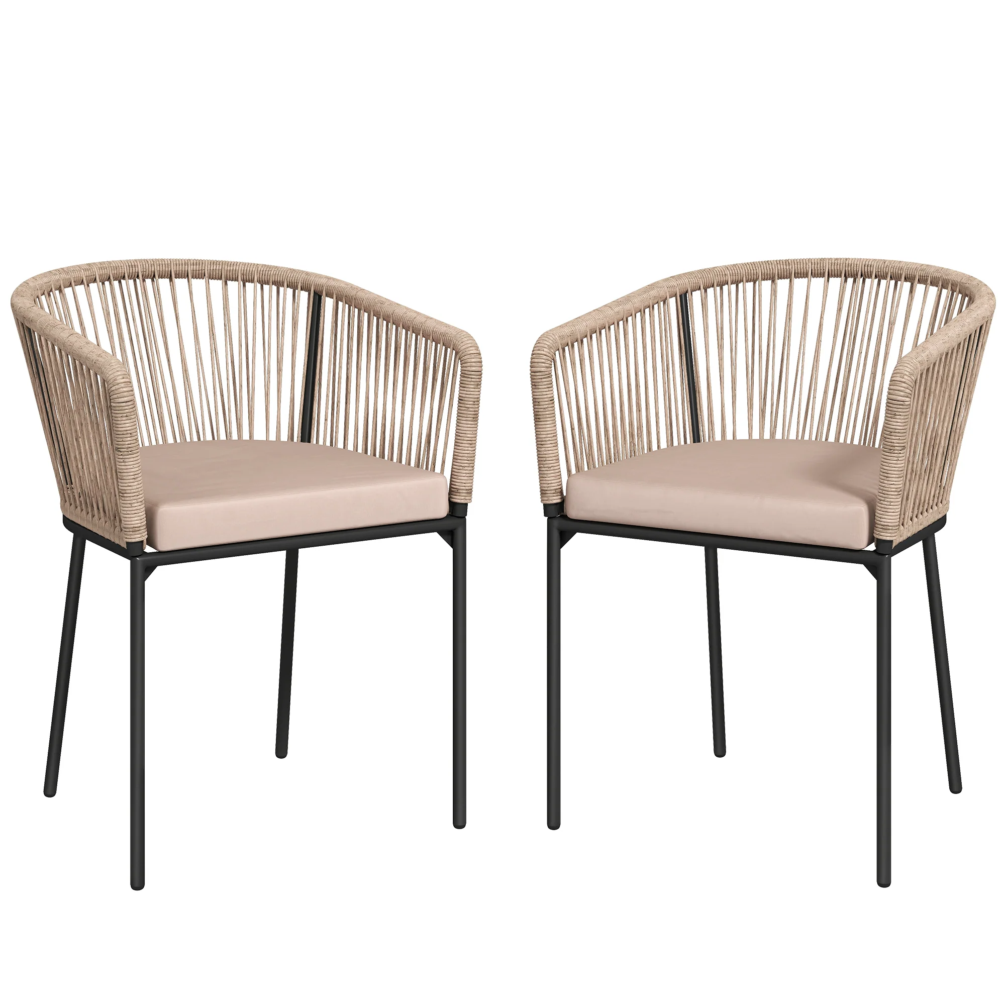 Set of 2 Rattan Dining Chairs with Cushions, Metal Frame, String Back & Armrests