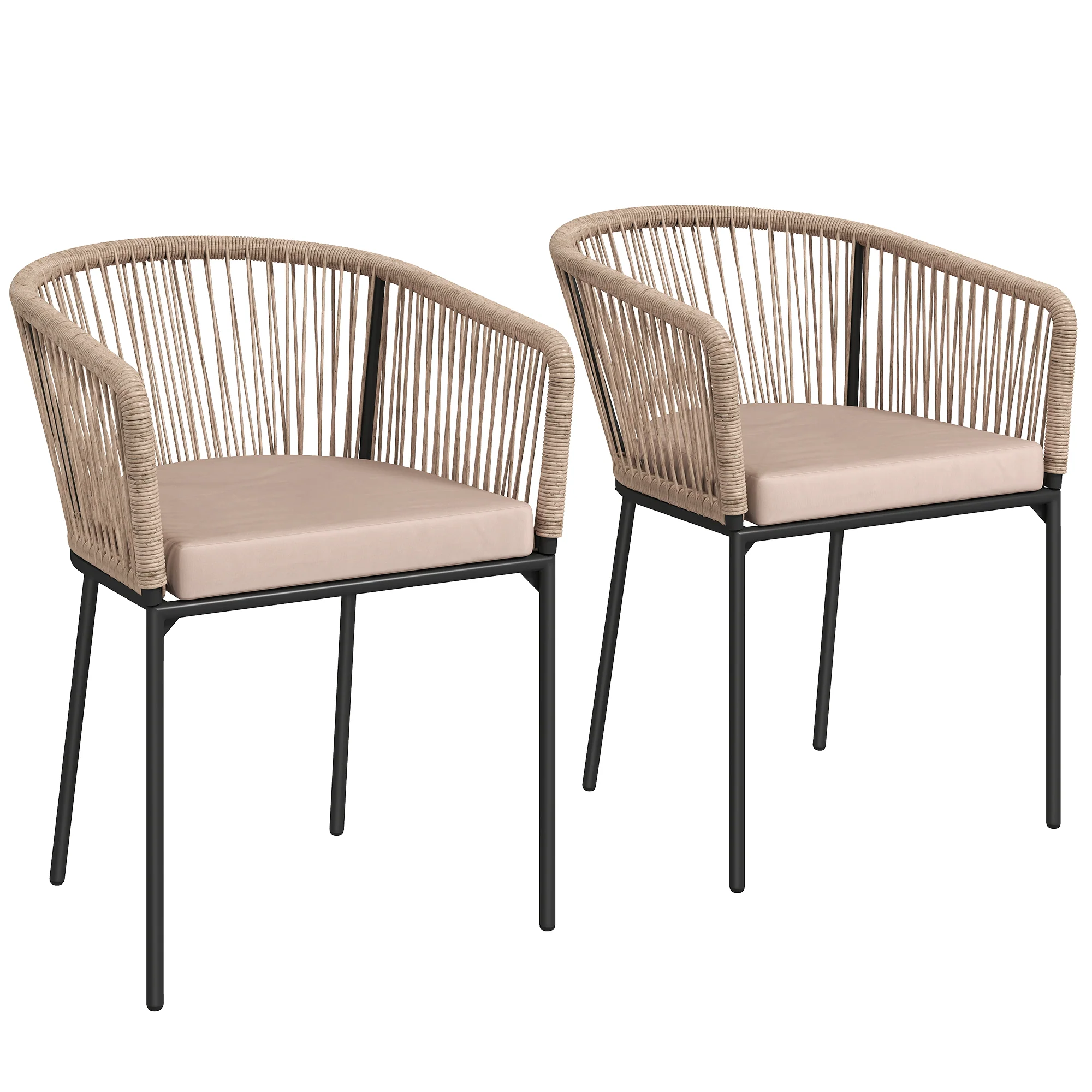 Set of 2 Rattan Dining Chairs with Cushions, Metal Frame, String Back & Armrests - Image 2