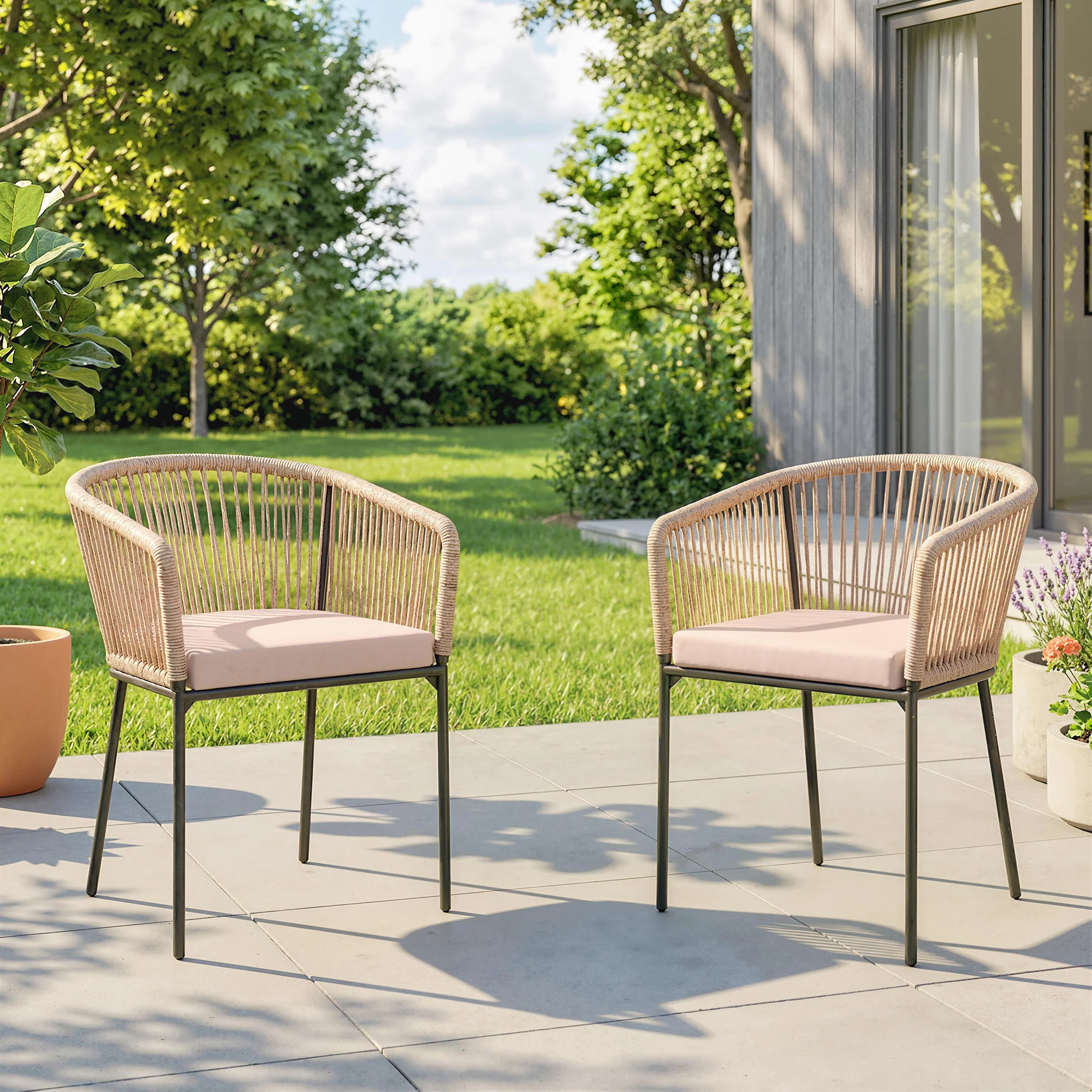 Set of 2 Rattan Dining Chairs with Cushions, Metal Frame, String Back & Armrests - Image 3
