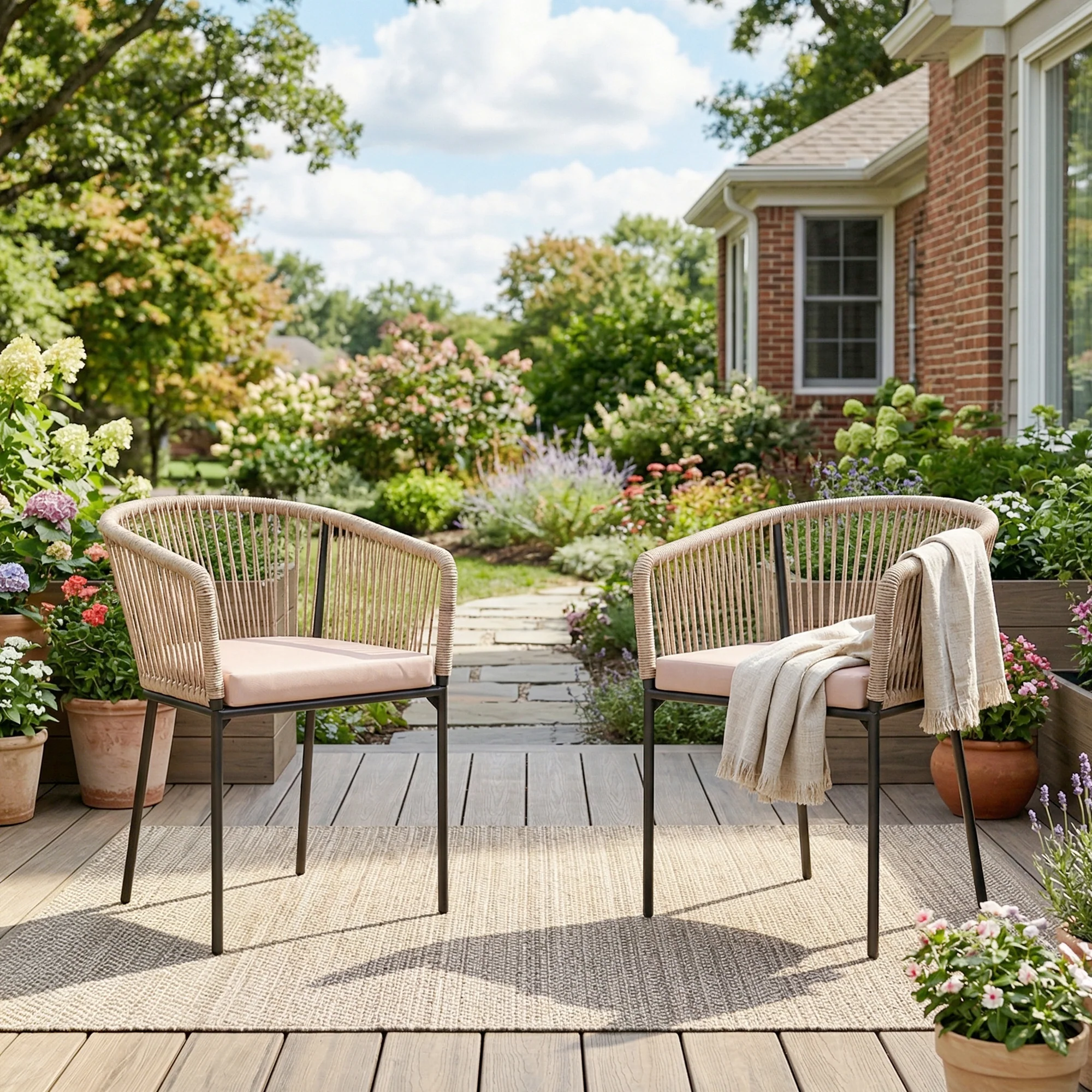 Set of 2 Rattan Dining Chairs with Cushions, Metal Frame, String Back & Armrests - Image 4
