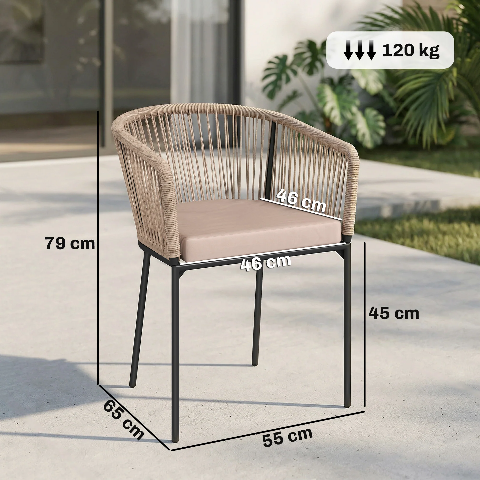 Set of 2 Rattan Dining Chairs with Cushions, Metal Frame, String Back & Armrests - Image 5