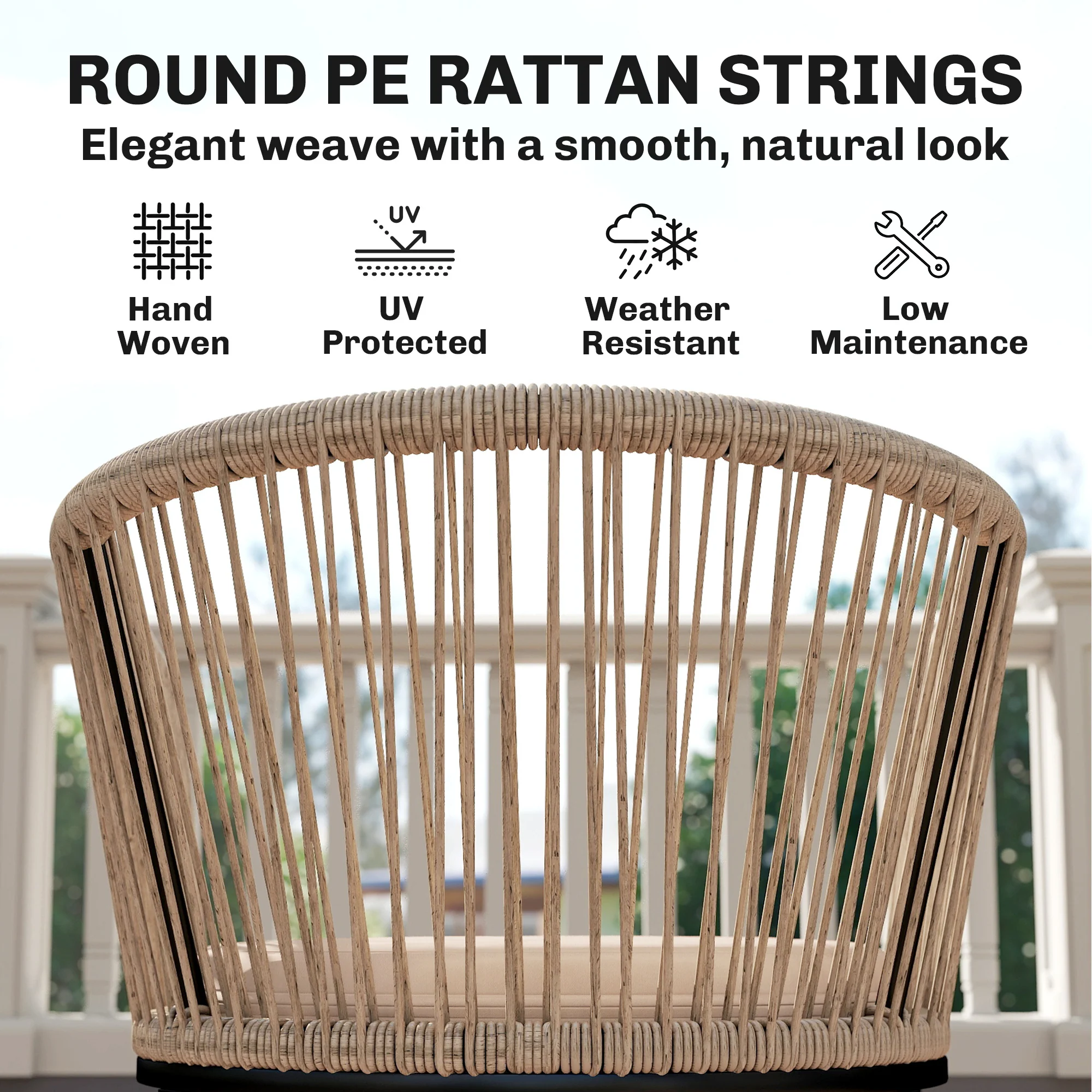 Set of 2 Rattan Dining Chairs with Cushions, Metal Frame, String Back & Armrests - Image 6