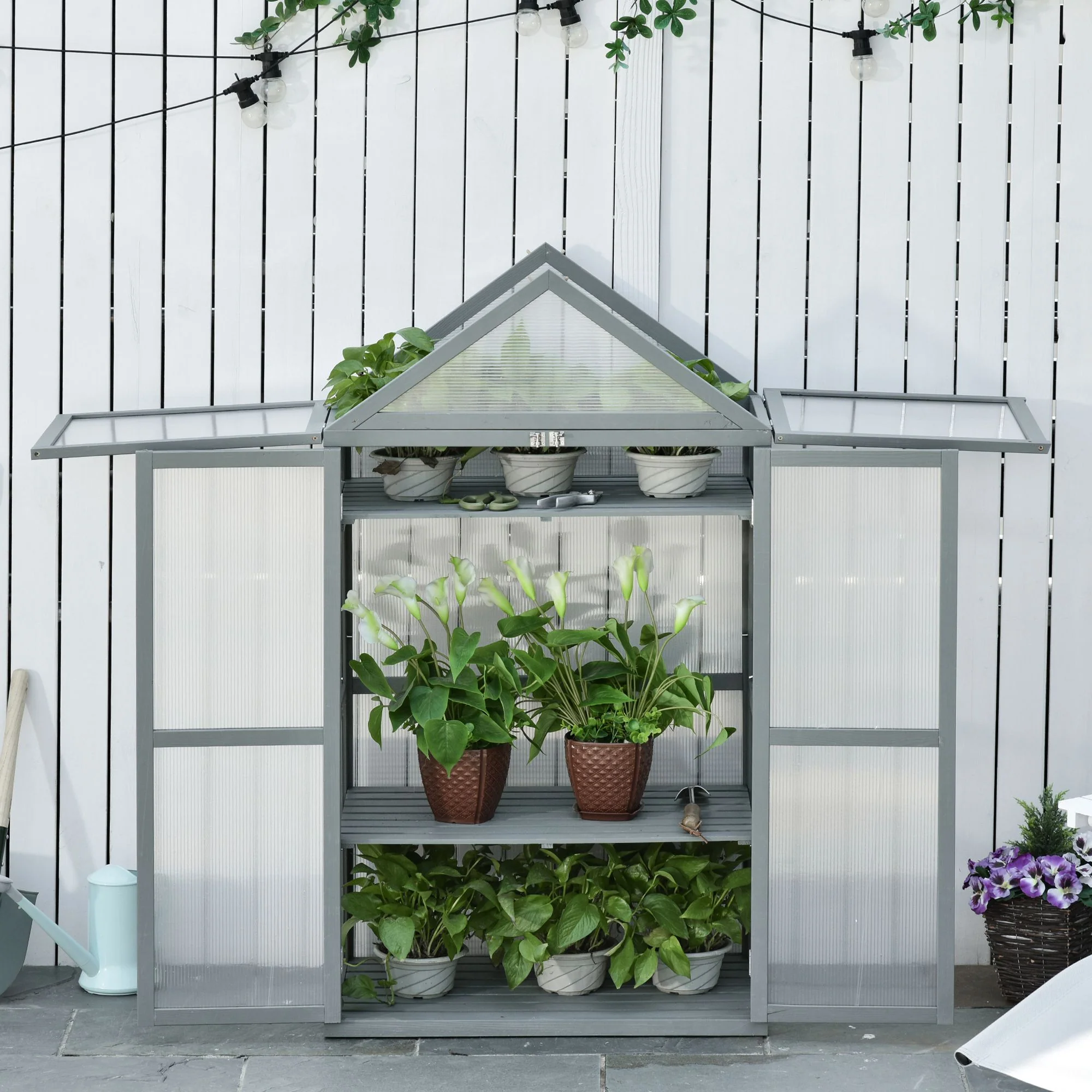 Garden Cold Frame Greenhouse with Adjustable Shelf, Double Doors & Openable Top, Grey - Image 3