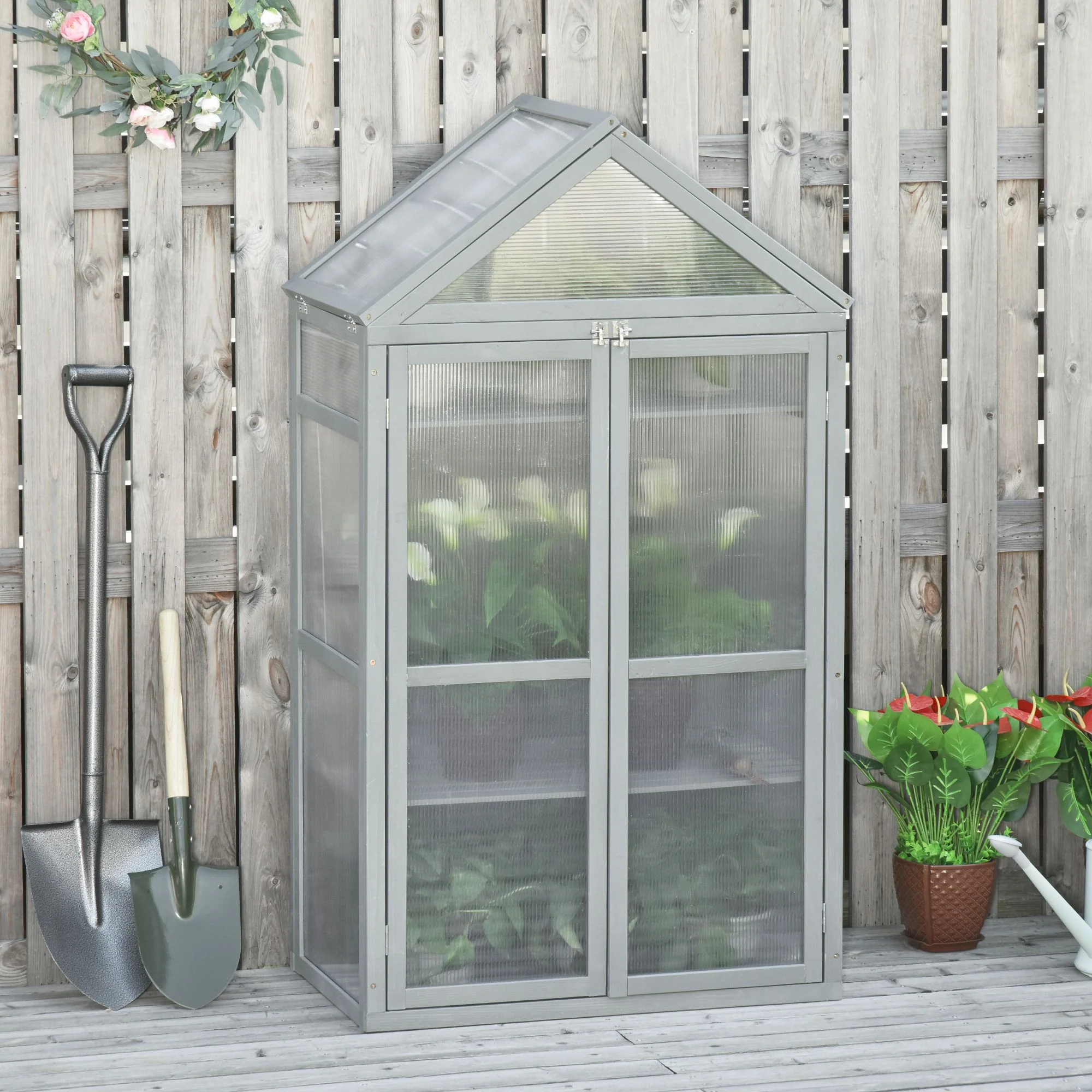 Garden Cold Frame Greenhouse with Adjustable Shelf, Double Doors & Openable Top, Grey - Image 4