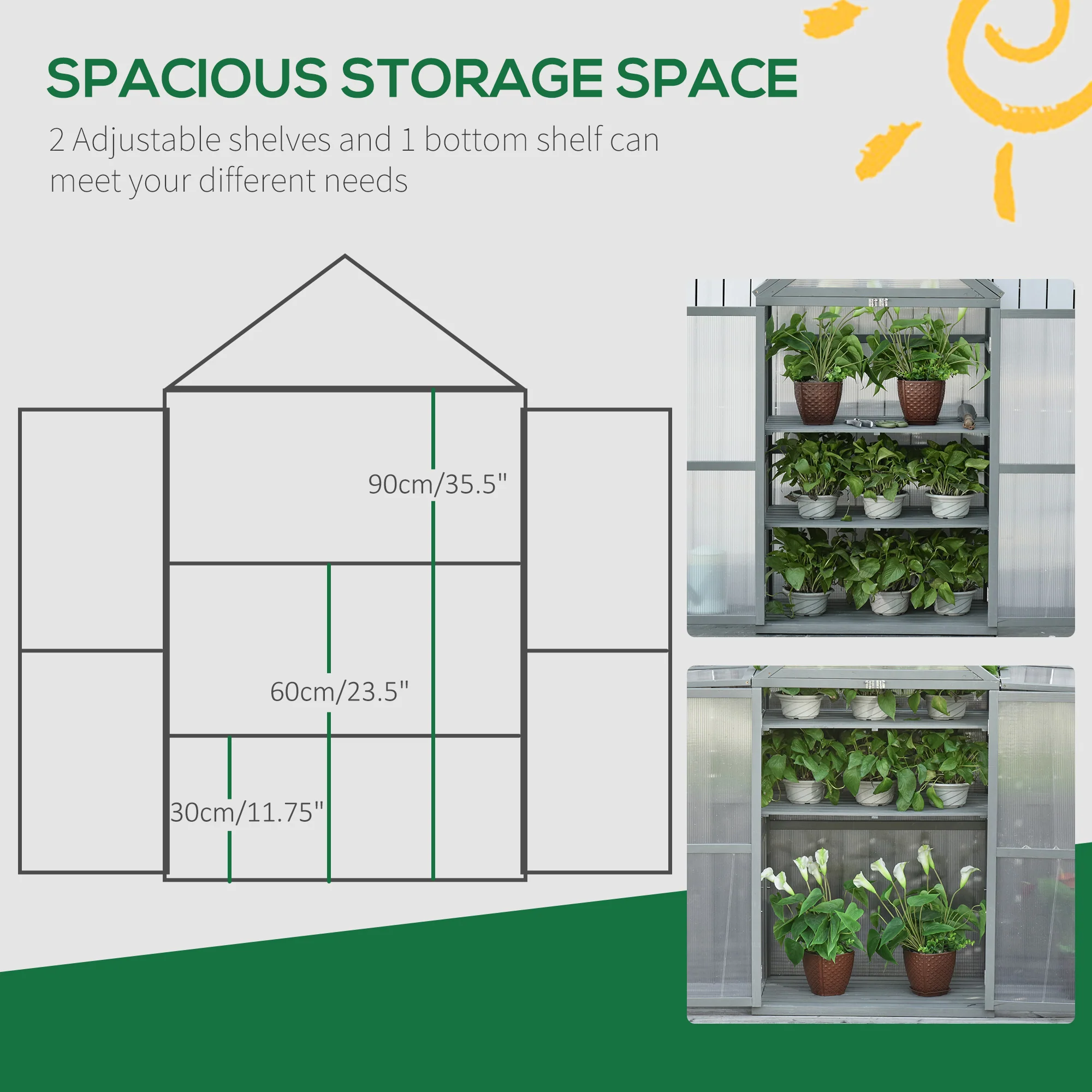 Garden Cold Frame Greenhouse with Adjustable Shelf, Double Doors & Openable Top, Grey - Image 7