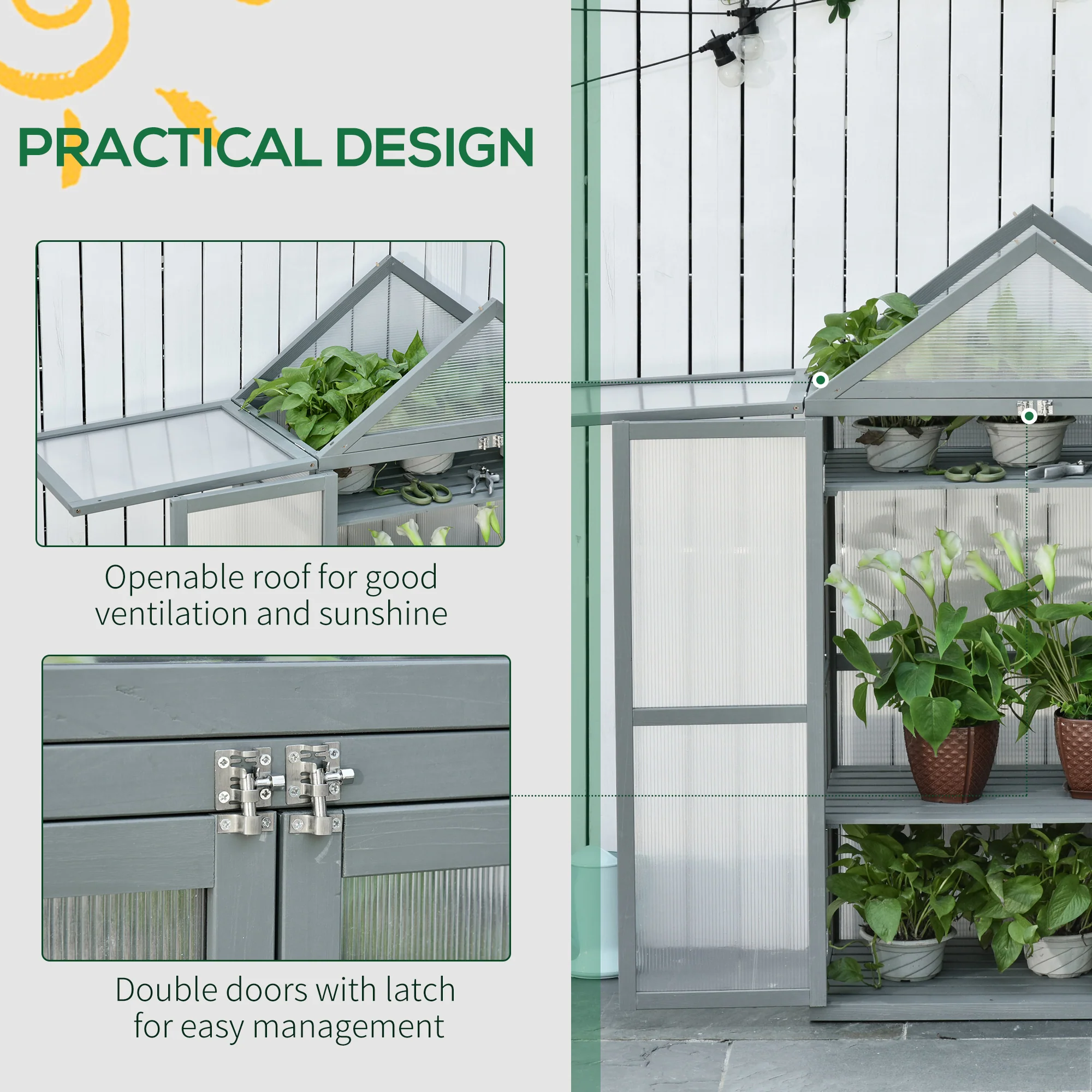 Garden Cold Frame Greenhouse with Adjustable Shelf, Double Doors & Openable Top, Grey - Image 8