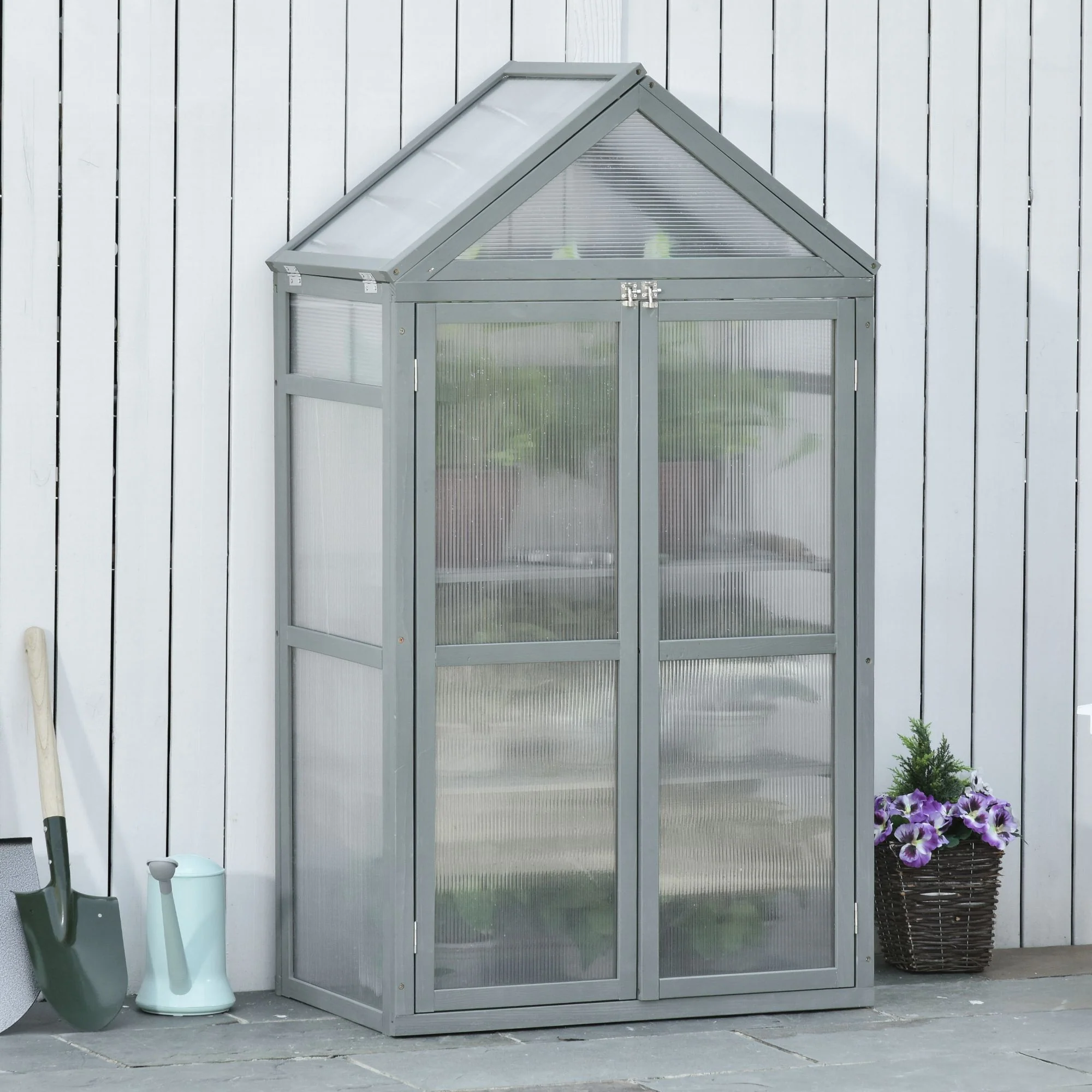 Garden Cold Frame Greenhouse with Adjustable Shelf, Double Doors & Openable Top, Grey - Image 9