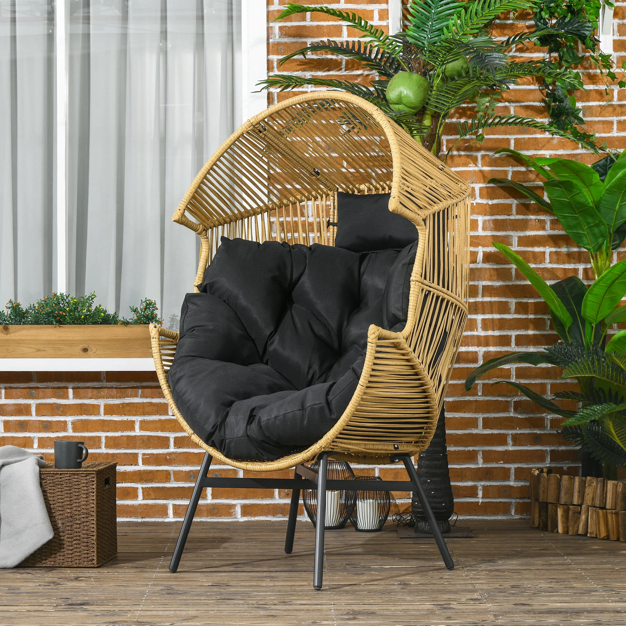 Garden Rattan Egg Chair with 14cm Thick Seat Cushion, Headrest & Adjustable Feet, Sand - Image 4