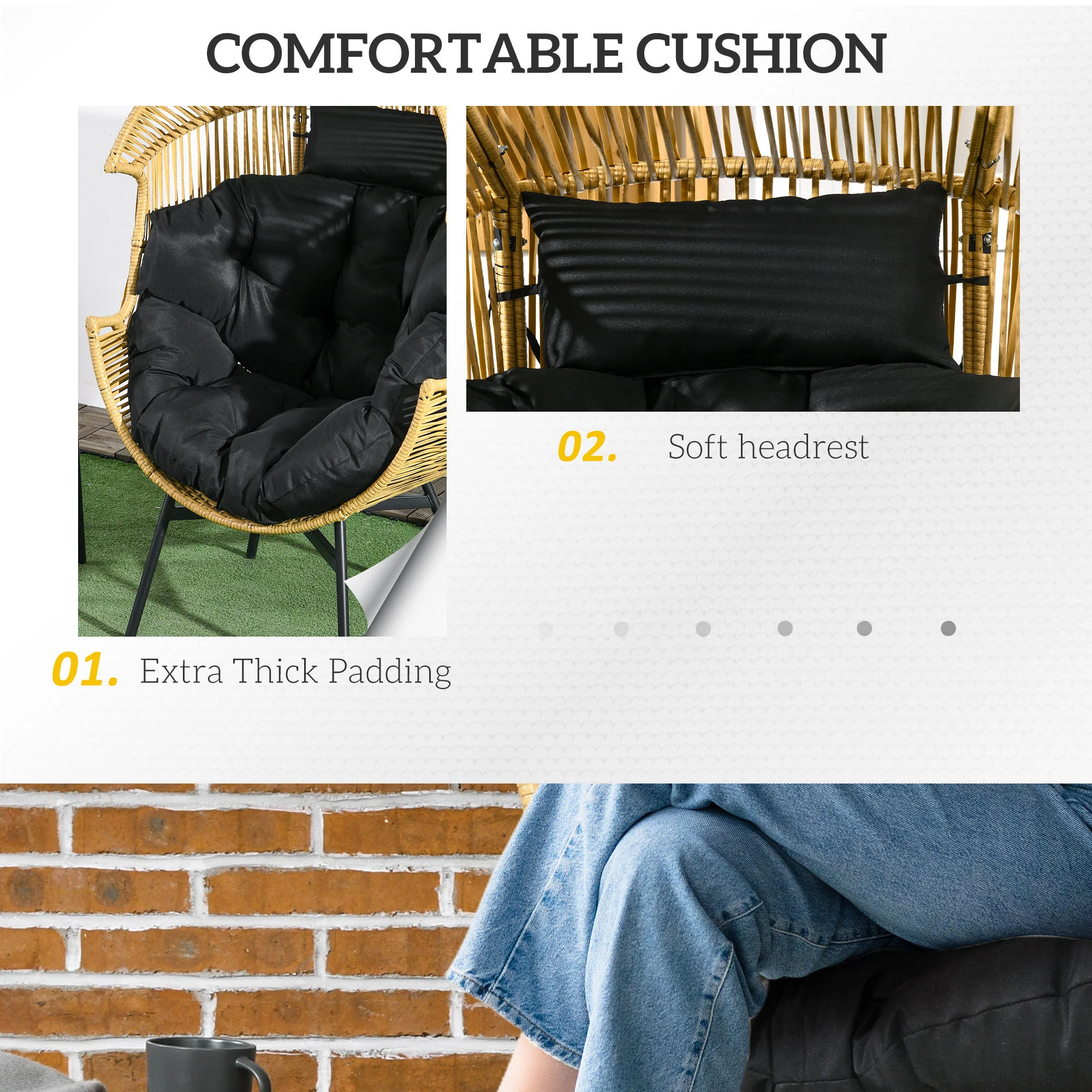 Garden Rattan Egg Chair with 14cm Thick Seat Cushion, Headrest & Adjustable Feet, Sand - Image 6