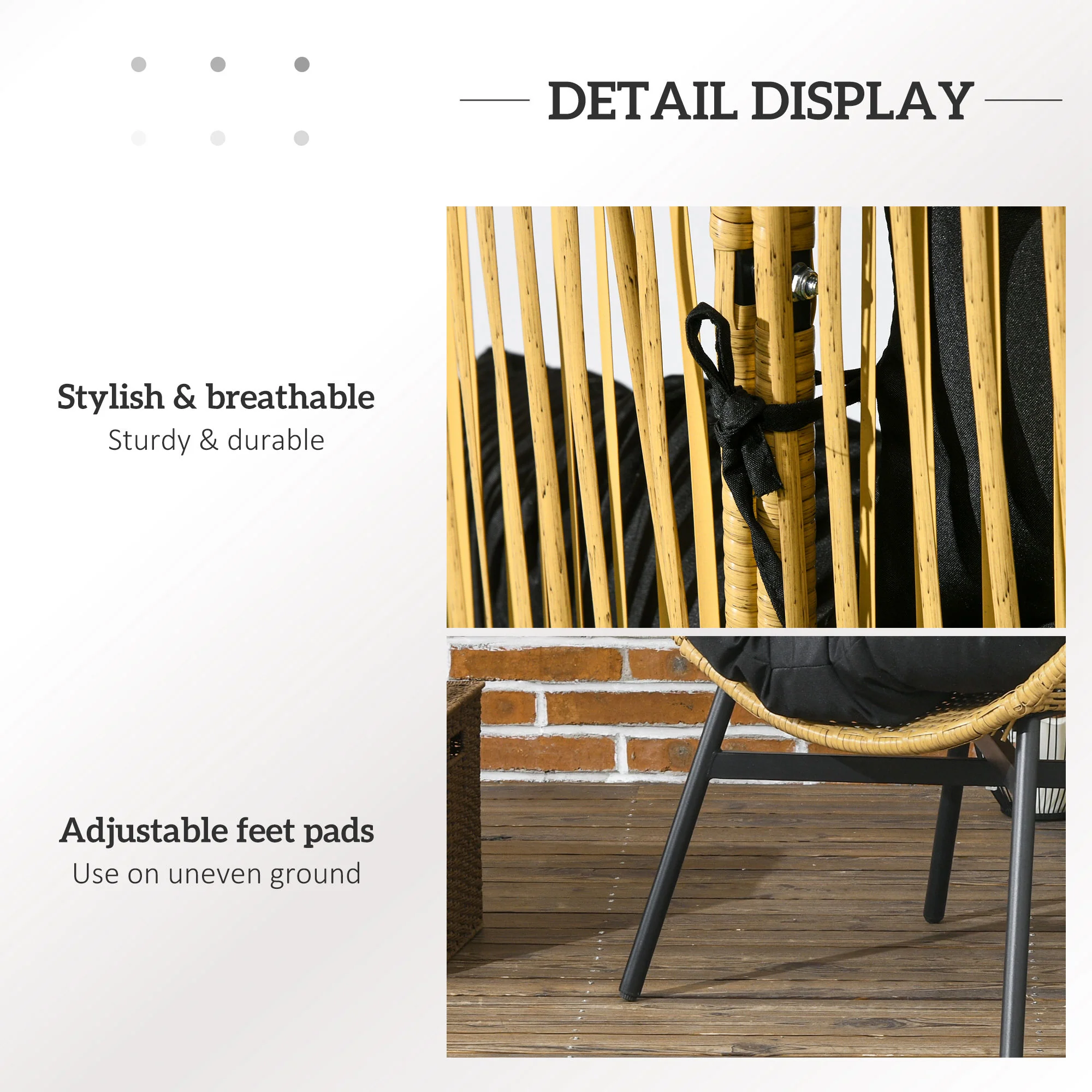 Garden Rattan Egg Chair with 14cm Thick Seat Cushion, Headrest & Adjustable Feet, Sand - Image 8