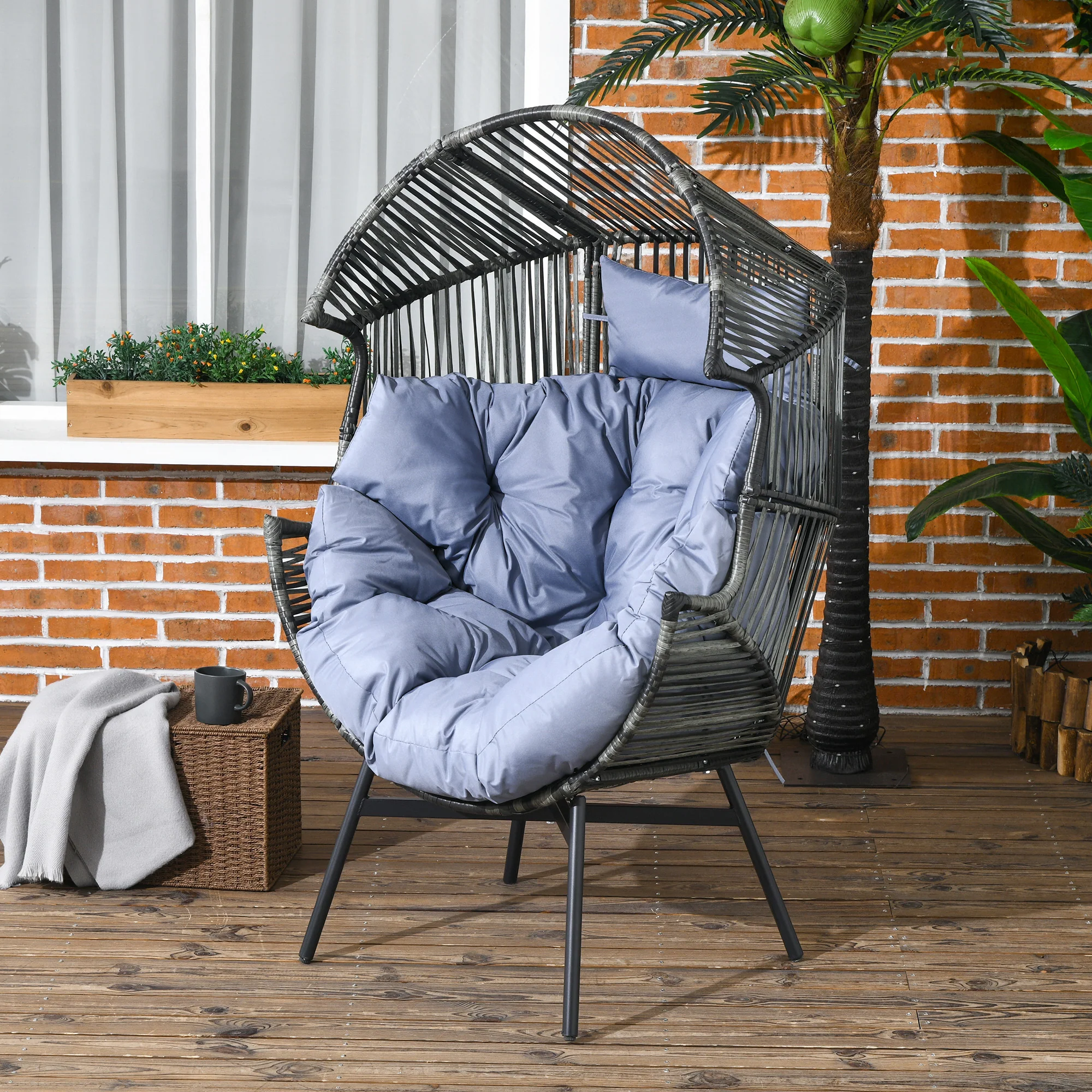 Garden Rattan Egg Chair with 14cm Thick Seat Cushion, Headrest & Adjustable Feet, Mixed Grey - Image 3