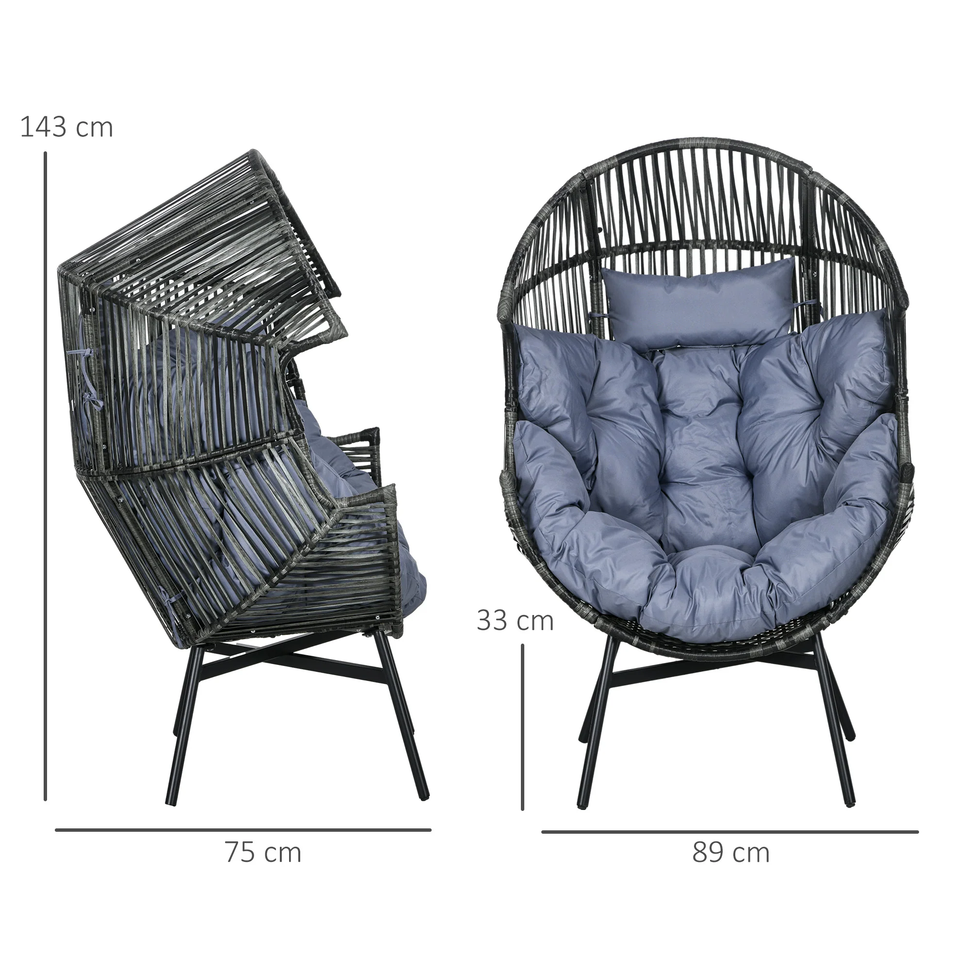 Garden Rattan Egg Chair with 14cm Thick Seat Cushion, Headrest & Adjustable Feet, Mixed Grey - Image 5