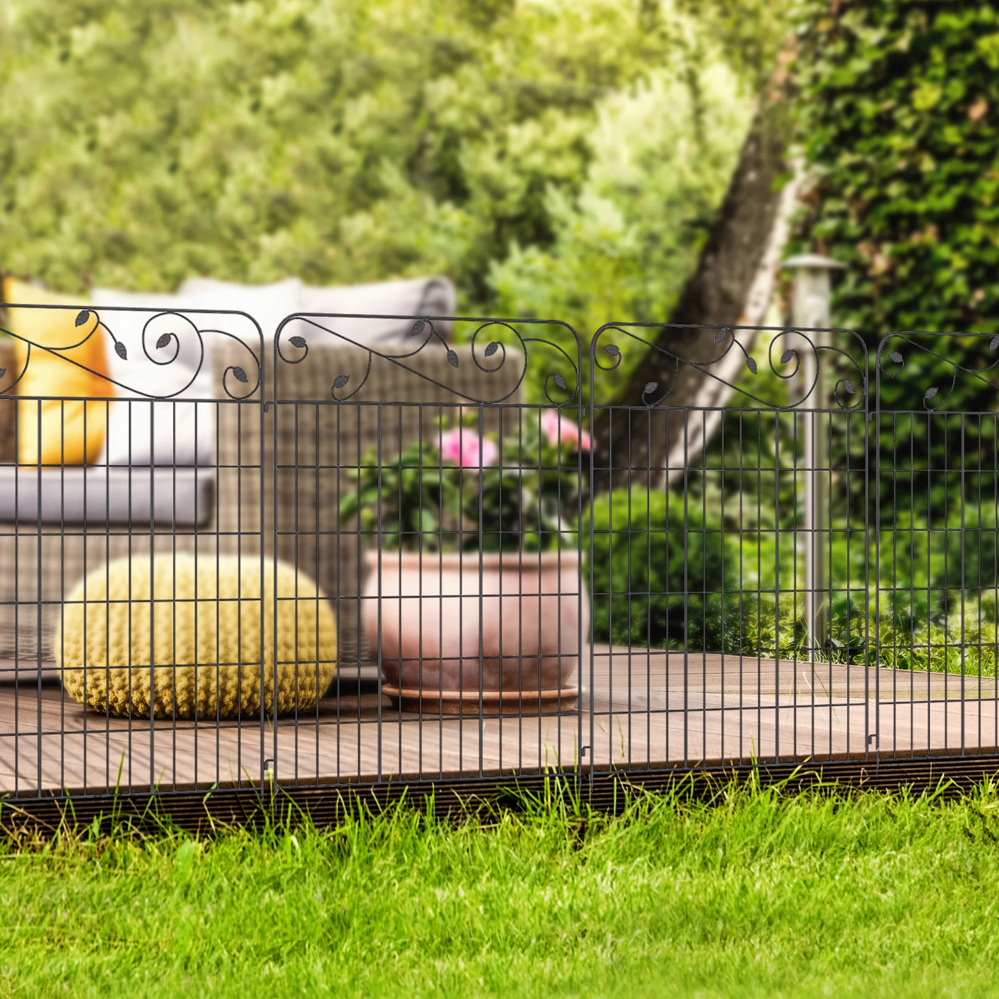 4 Pack Metal Fence Panels, 11.5' Animal Barrier & Border Flower Edging, Square Vines - Image 4