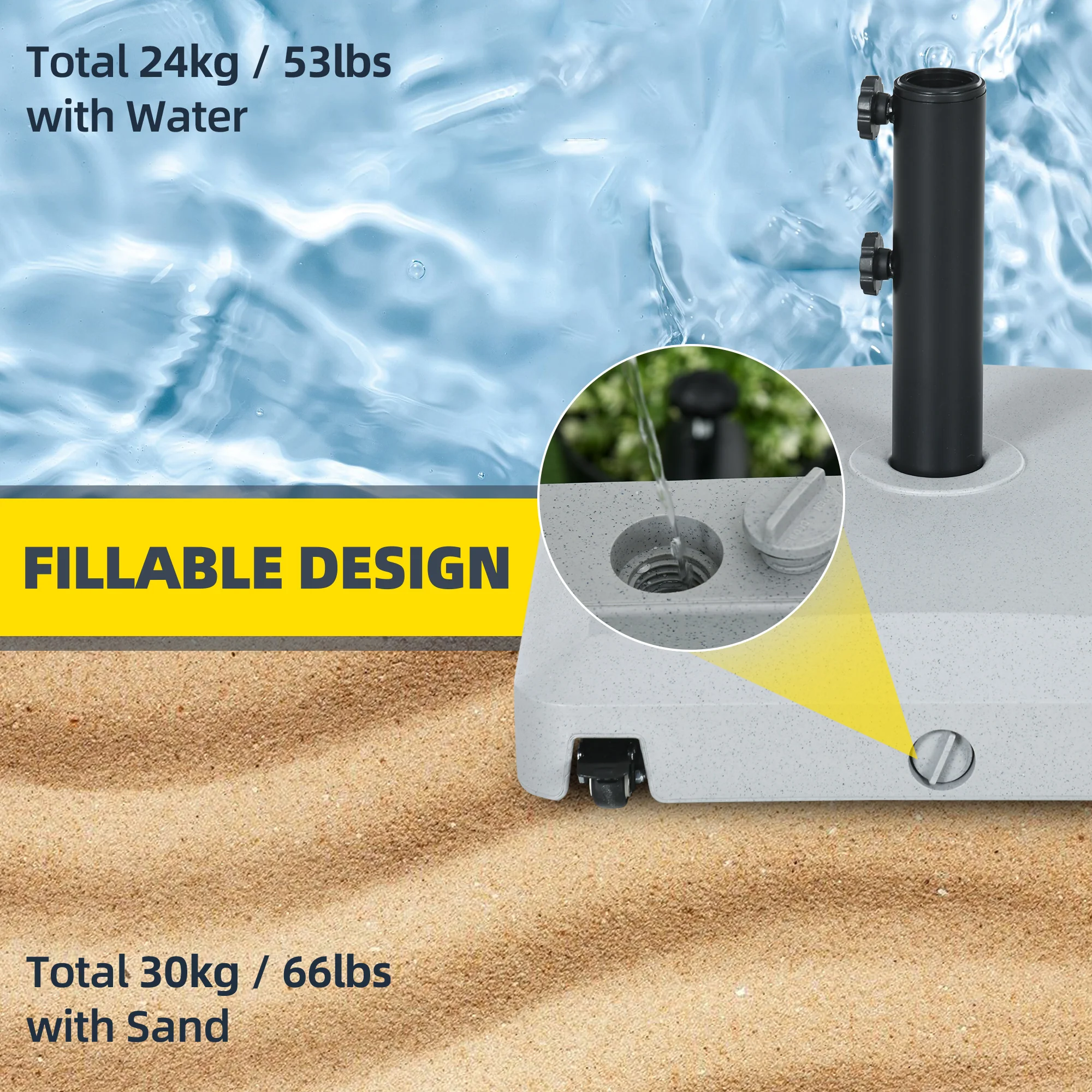 Garden Parasol Base Holder with Wheels & Brakes, 24kg Water or 30kg Sand Filled, Grey - Image 6