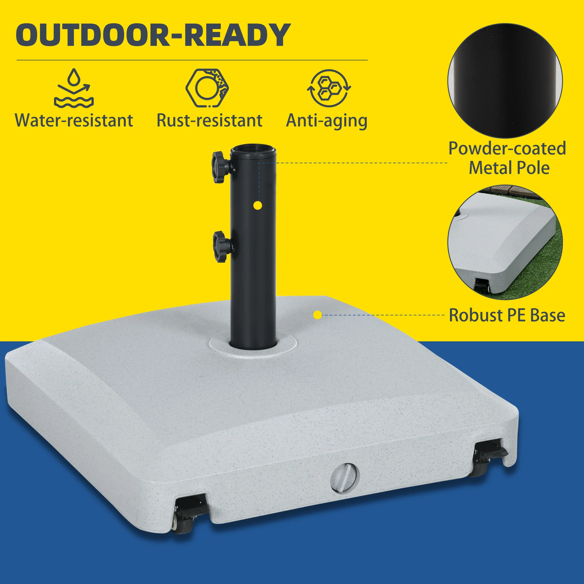 Garden Parasol Base Holder with Wheels & Brakes, 24kg Water or 30kg Sand Filled, Grey - Image 9