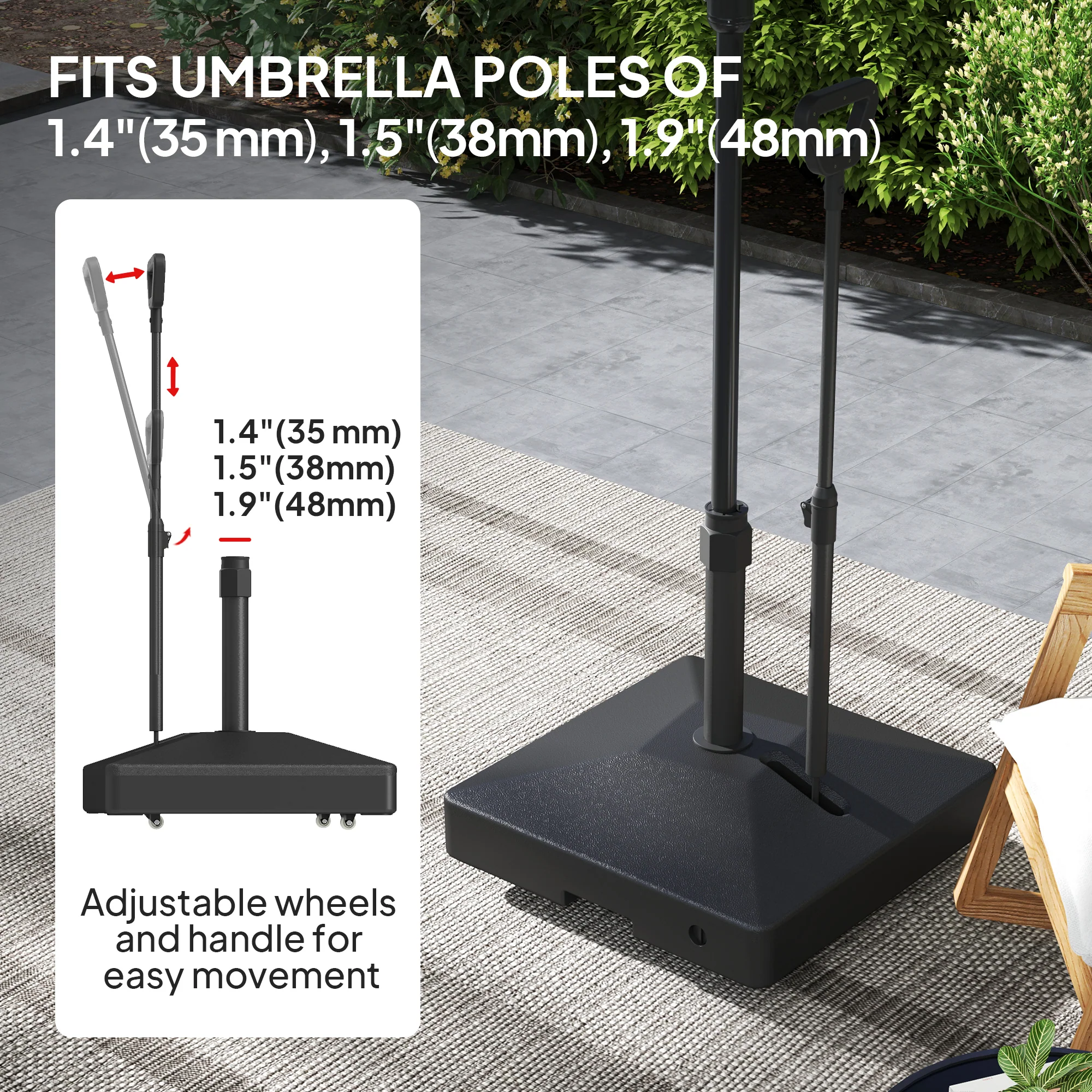 Fillable Parasol Base w/ Wheels and Adjustable Handle for 35, 38, 48 mm Poles, Black - Image 6