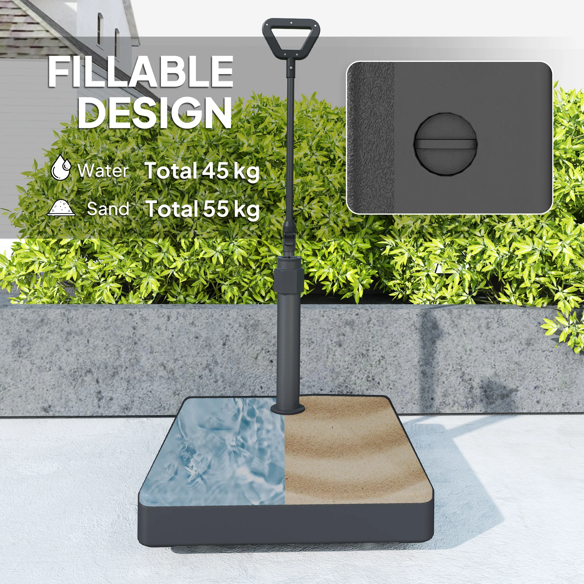 Fillable Parasol Base w/ Wheels and Adjustable Handle for 35, 38, 48 mm Poles, Black - Image 7