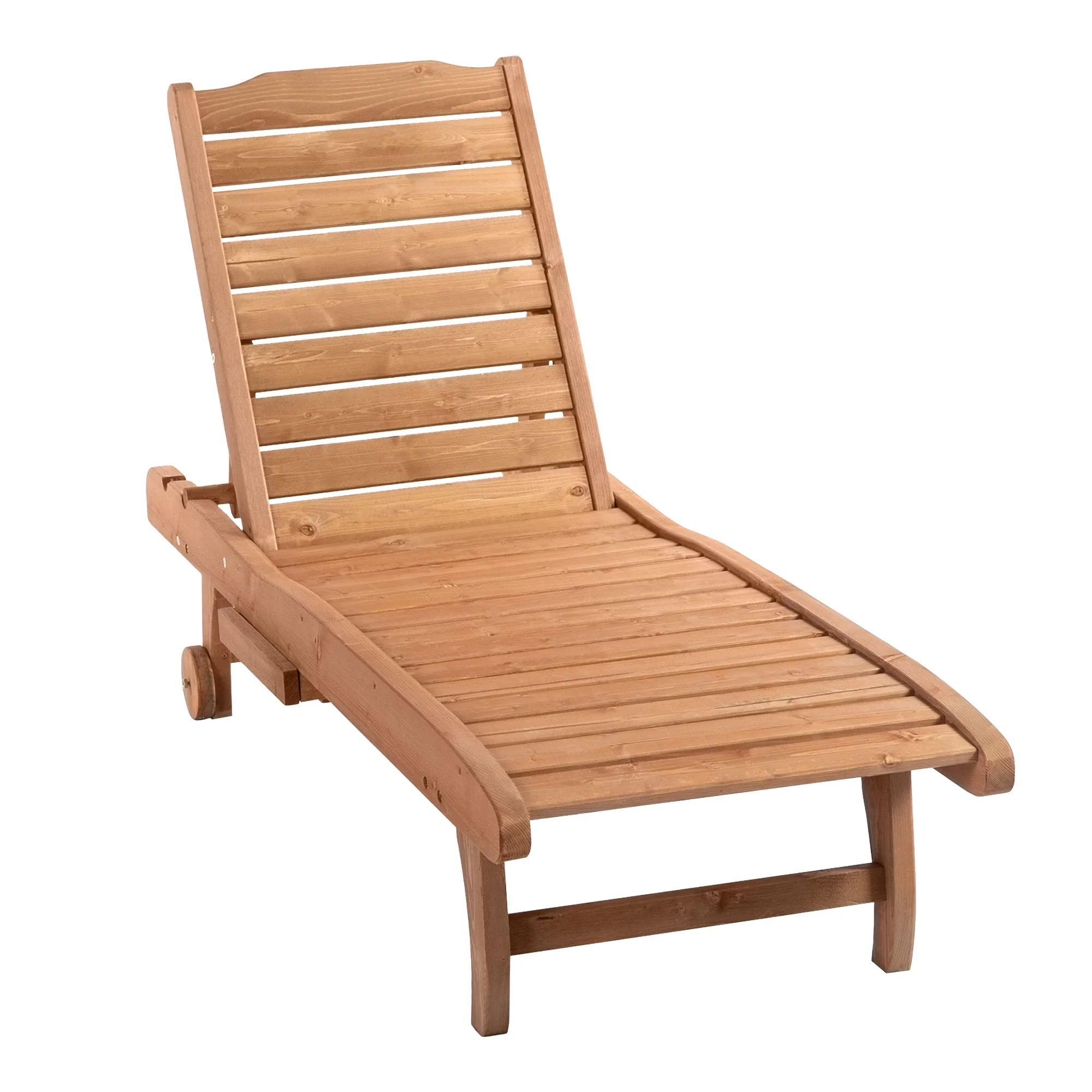 Wooden Garden Sun Lounger with Built-In Table, Reclining Backrest & Rolling Wheels, Red Brown - Image 2