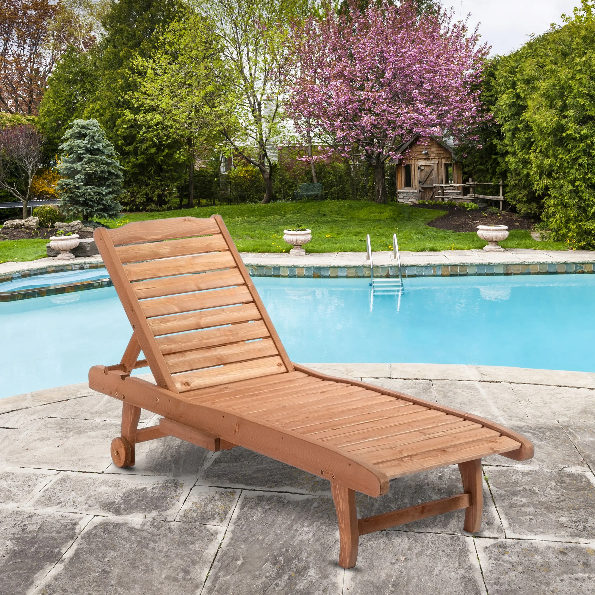 Wooden Garden Sun Lounger with Built-In Table, Reclining Backrest & Rolling Wheels, Red Brown - Image 3