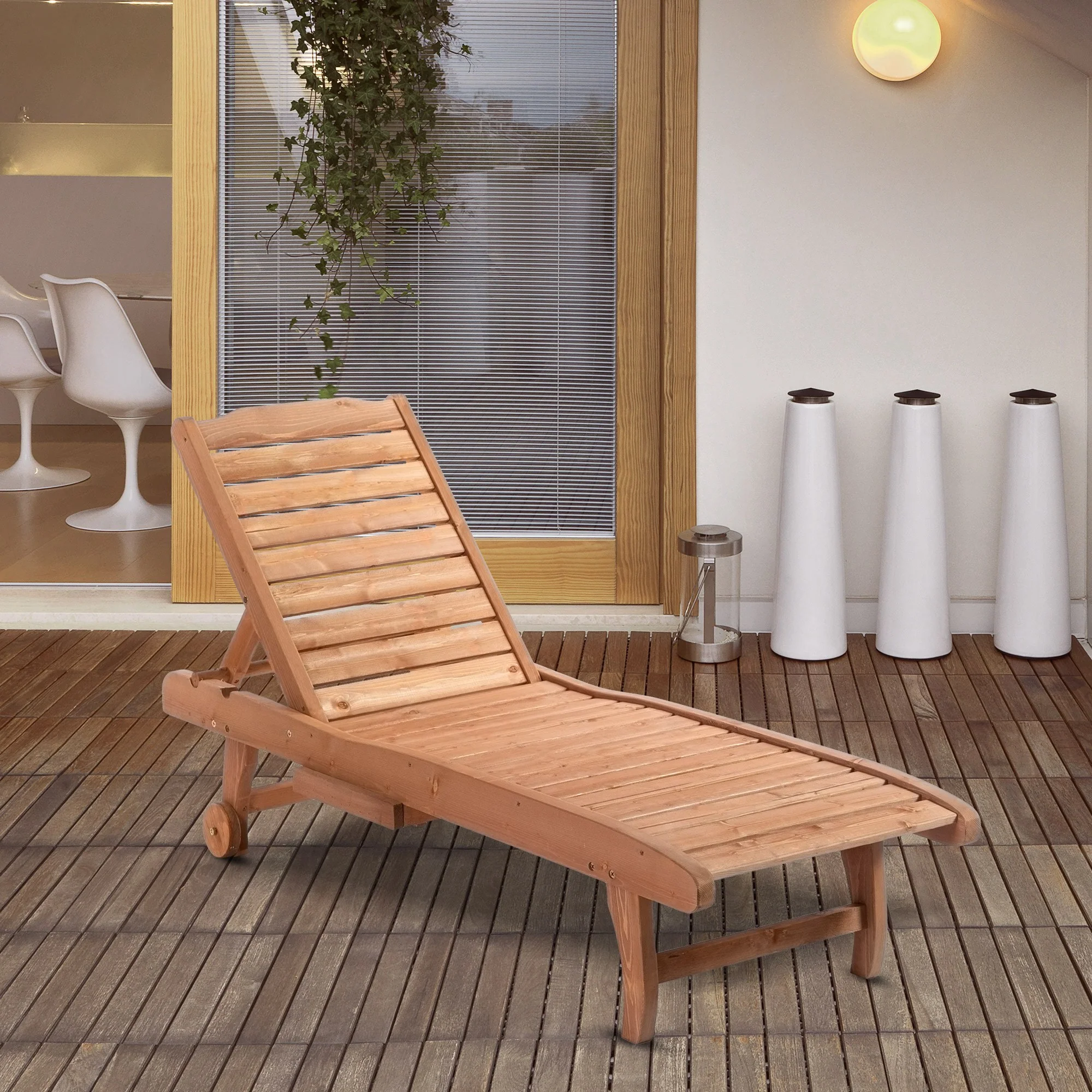 Wooden Garden Sun Lounger with Built-In Table, Reclining Backrest & Rolling Wheels, Red Brown - Image 4