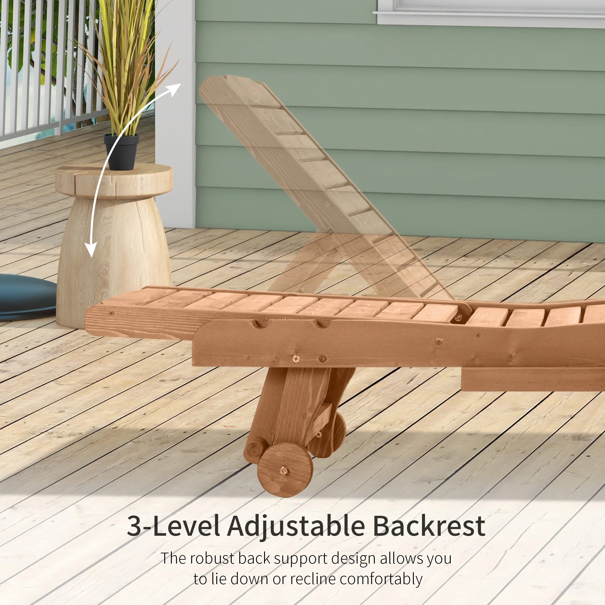 Wooden Garden Sun Lounger with Built-In Table, Reclining Backrest & Rolling Wheels, Red Brown - Image 7