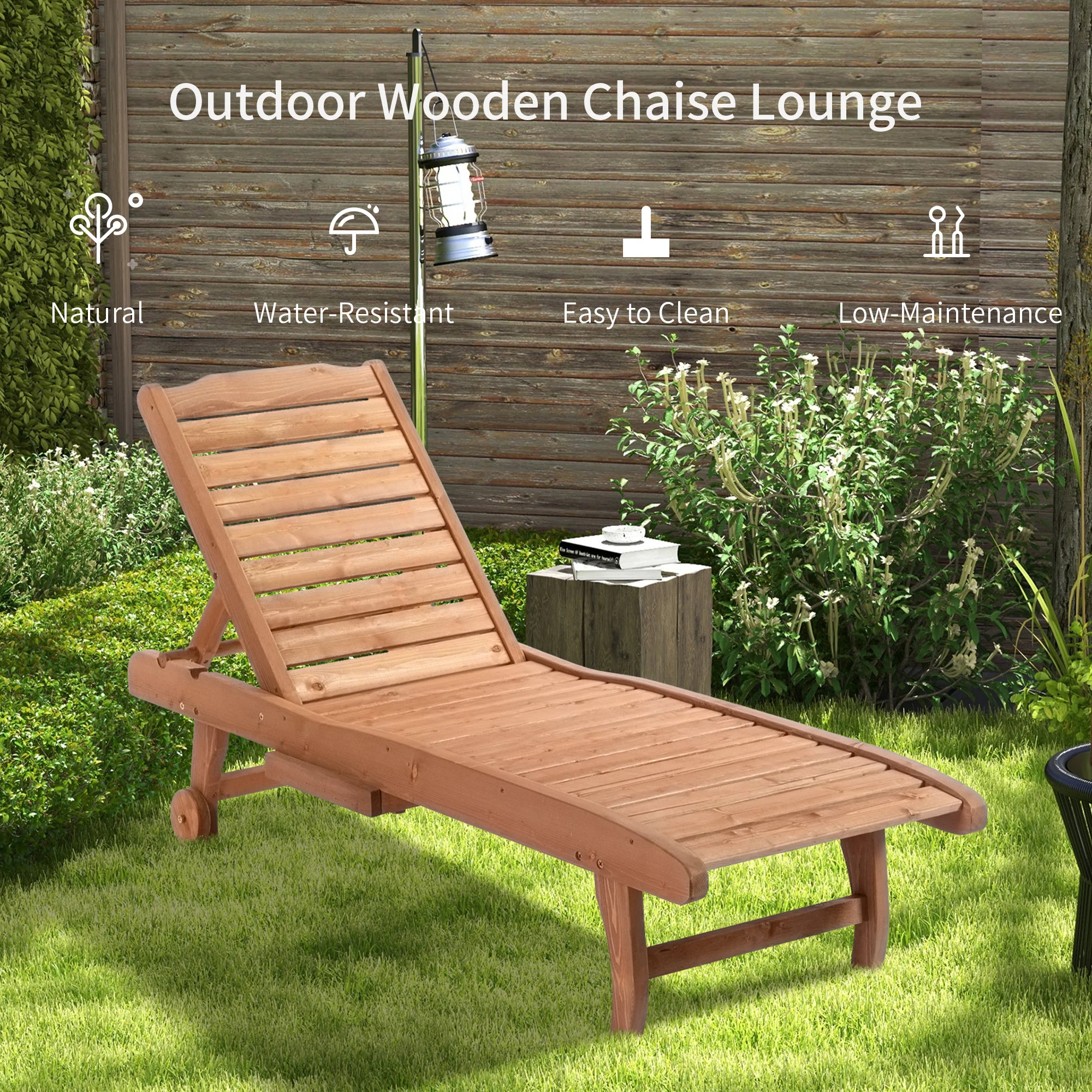 Wooden Garden Sun Lounger with Built-In Table, Reclining Backrest & Rolling Wheels, Red Brown - Image 9