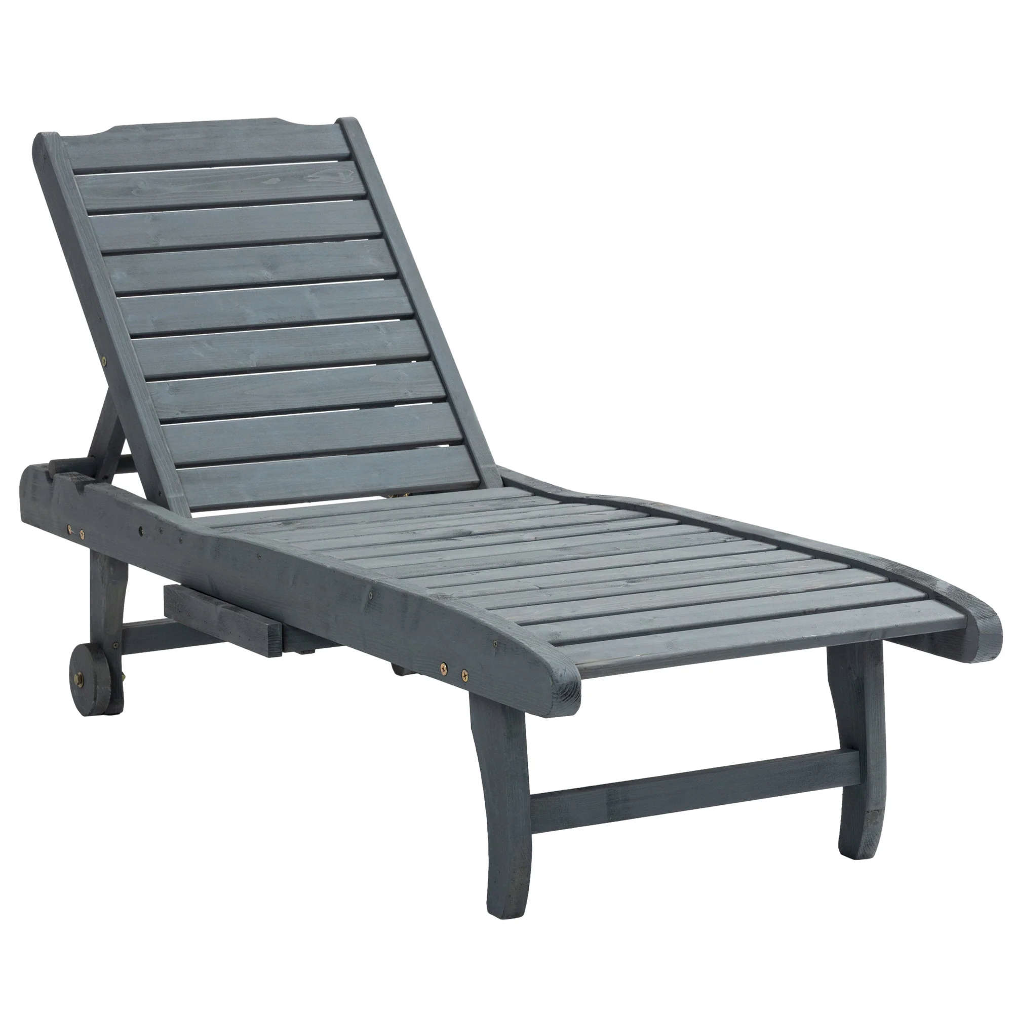 Wooden Garden Sun Lounger with Built-In Table, Reclining Backrest & Rolling Wheels, Grey - Image 2