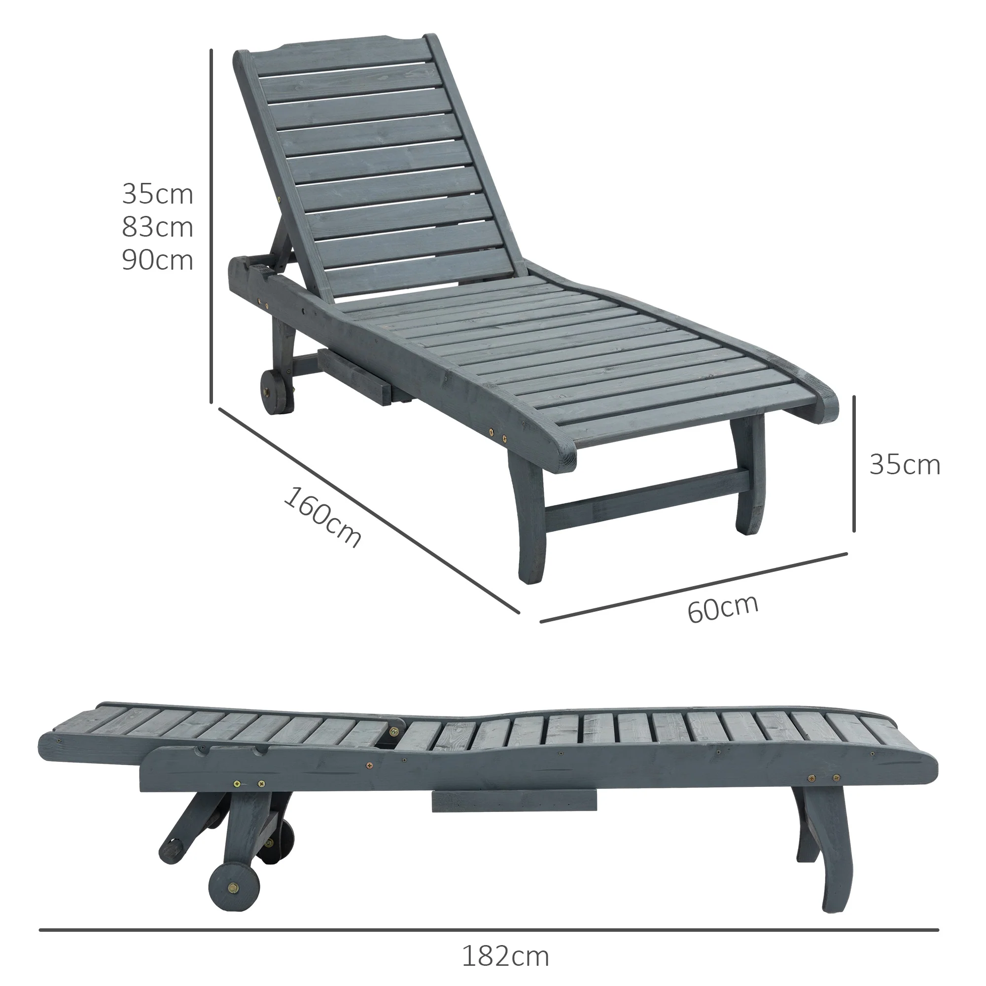 Wooden Garden Sun Lounger with Built-In Table, Reclining Backrest & Rolling Wheels, Grey - Image 5
